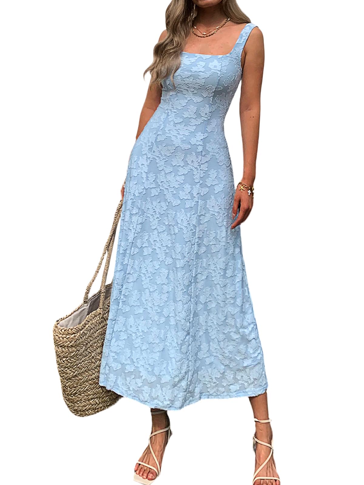 Mieazom Women’s Floral Maxi Dress Square Neck Sleeveless A Line Summer Dress Elegant Fitted Bodice Flowy Long Sundress