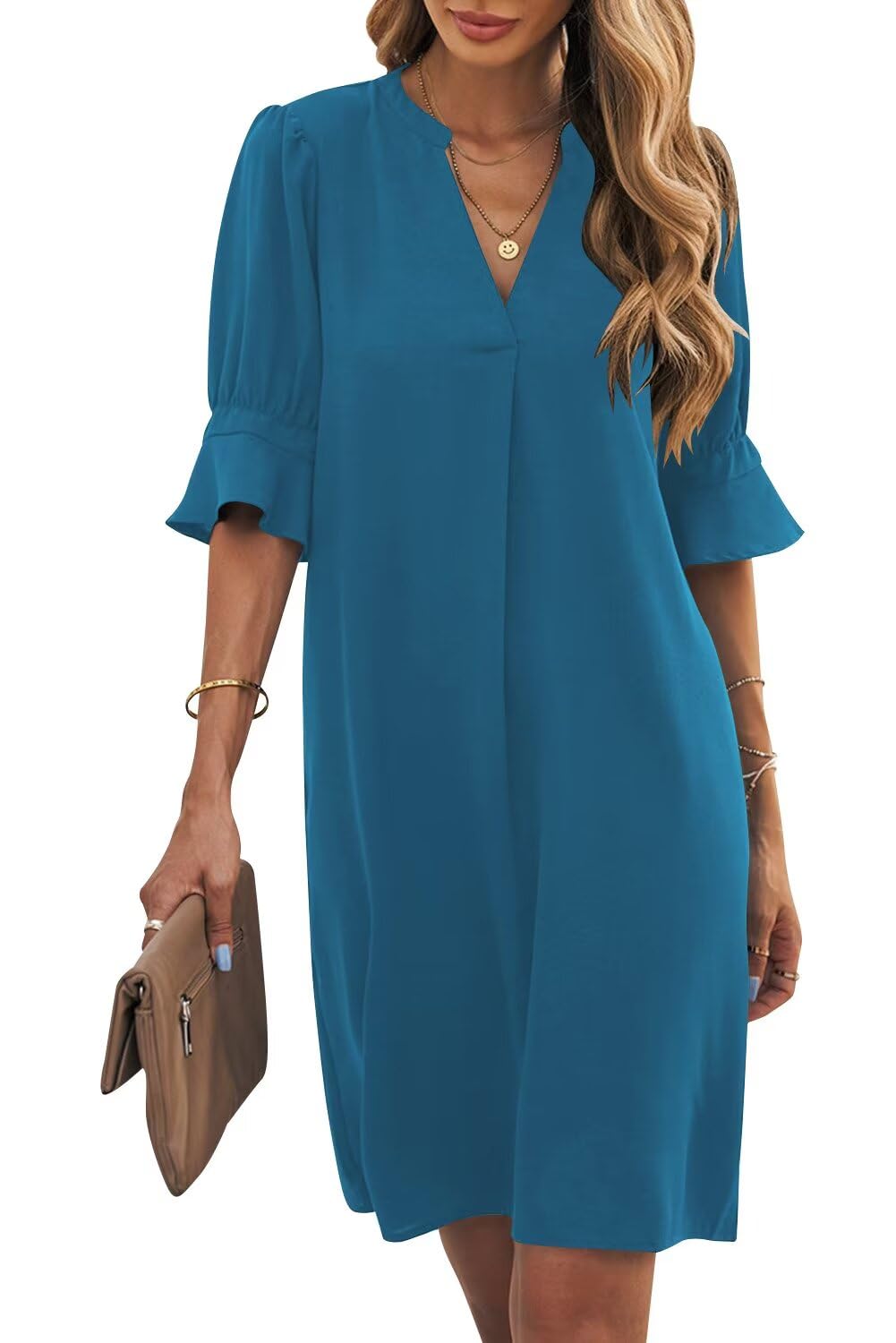 Wkior Womens Summer Ruffle Short Sleeve V Neck Shift Dress