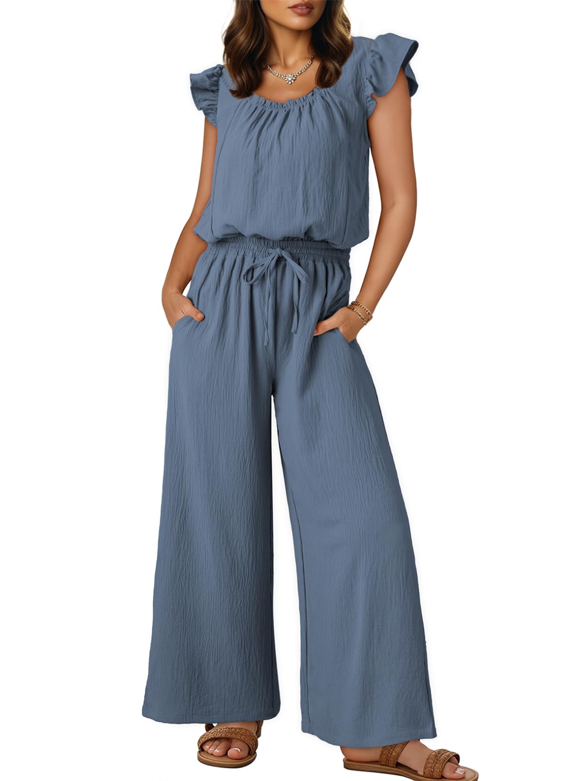 Dokotoo Jumpsuits for Women 2026 Summer Ruffle Sleeves Square Neck Rompers Drawstring Overalls with Pockets