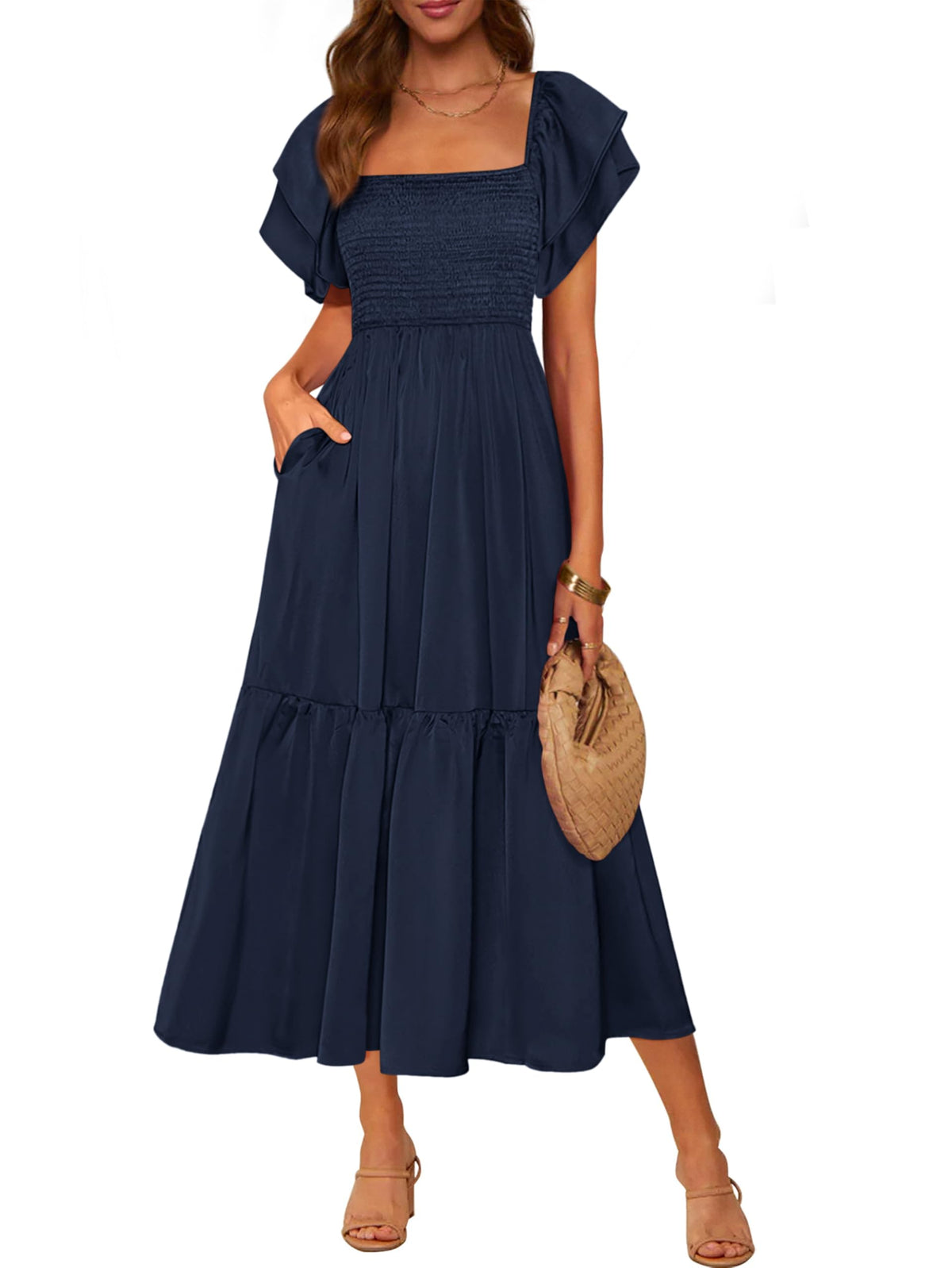MASCOMODA Womens Summer Casual Smocked Flowy Midi Dress
