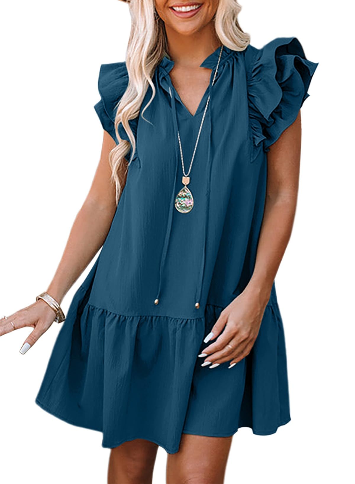 Dokotoo Womens Summer Dresses 2026 V-Neck Drawstring Ruffle Cap Short Sleeve Side Pockets Mini Dress Sundress