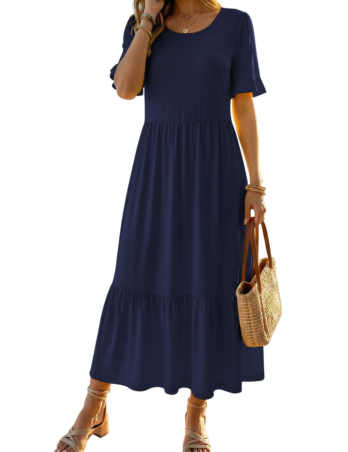 Zeagoo Womens Summer Dresses 2026 Casual Midi Dress Flowy Sundress Ruffle Short Sleeve Tiered Dresses A Line Boho Dress