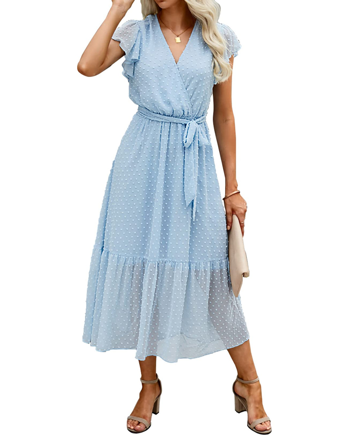 BTFBM Women Summer Casual Wrap V Neck Ruffle Cap Sleeve Belted Midi Dress