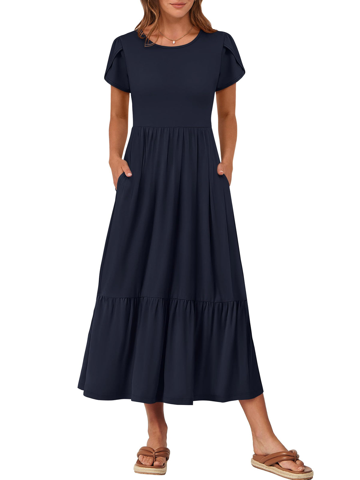 ANRABESS Womens Summer Petal Short Sleeve Maxi Dress with Pockets