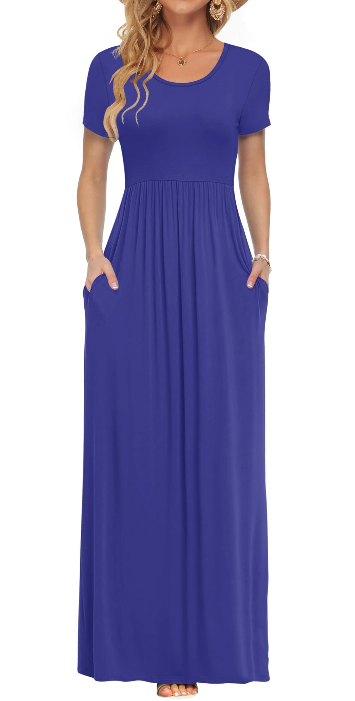 AUSELILY Women's Summer Short Sleeve Loose Plain Casual Long Maxi Dresses