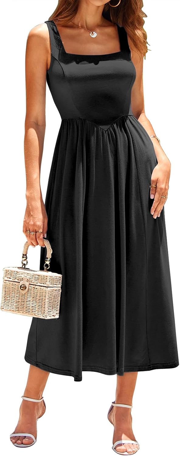 Sureple Midi Dresses for Women 2026 Spring Square Neck Tank Sleeveless A Line Casual Summer Sundresses with Pockets