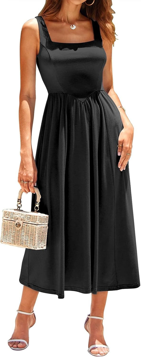 Sureple Midi Dresses for Women 2026 Spring Square Neck Tank Sleeveless A Line Casual Summer Sundresses with Pockets