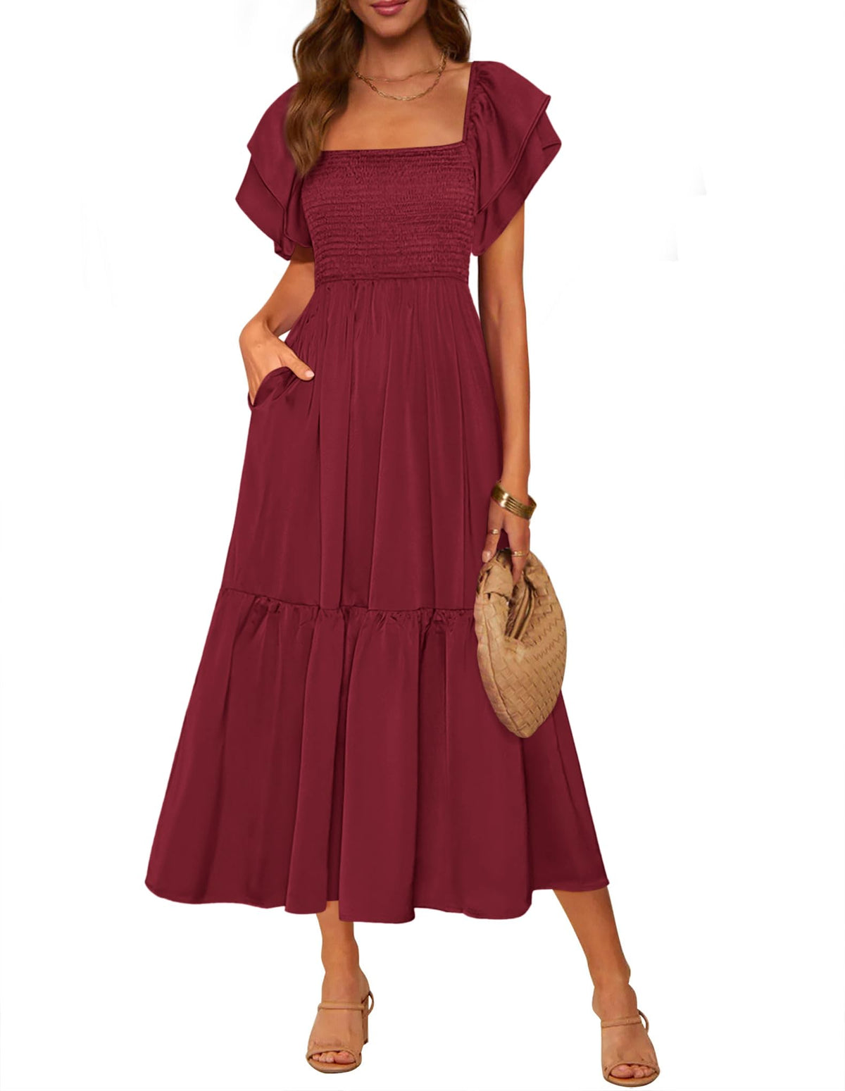 MASCOMODA Womens Summer Casual Smocked Flowy Midi Dress
