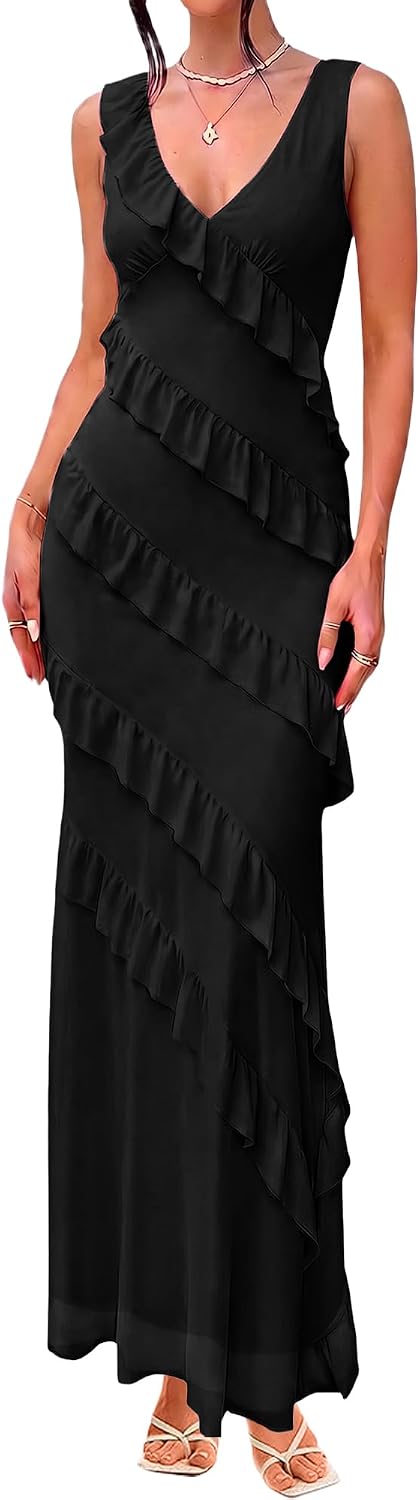 HOCILLE Women's Sexy V Neck Backless Long Cocktail Dress Bodycon Elegant Ruffle Maxi Wedding Guest Party Dresses