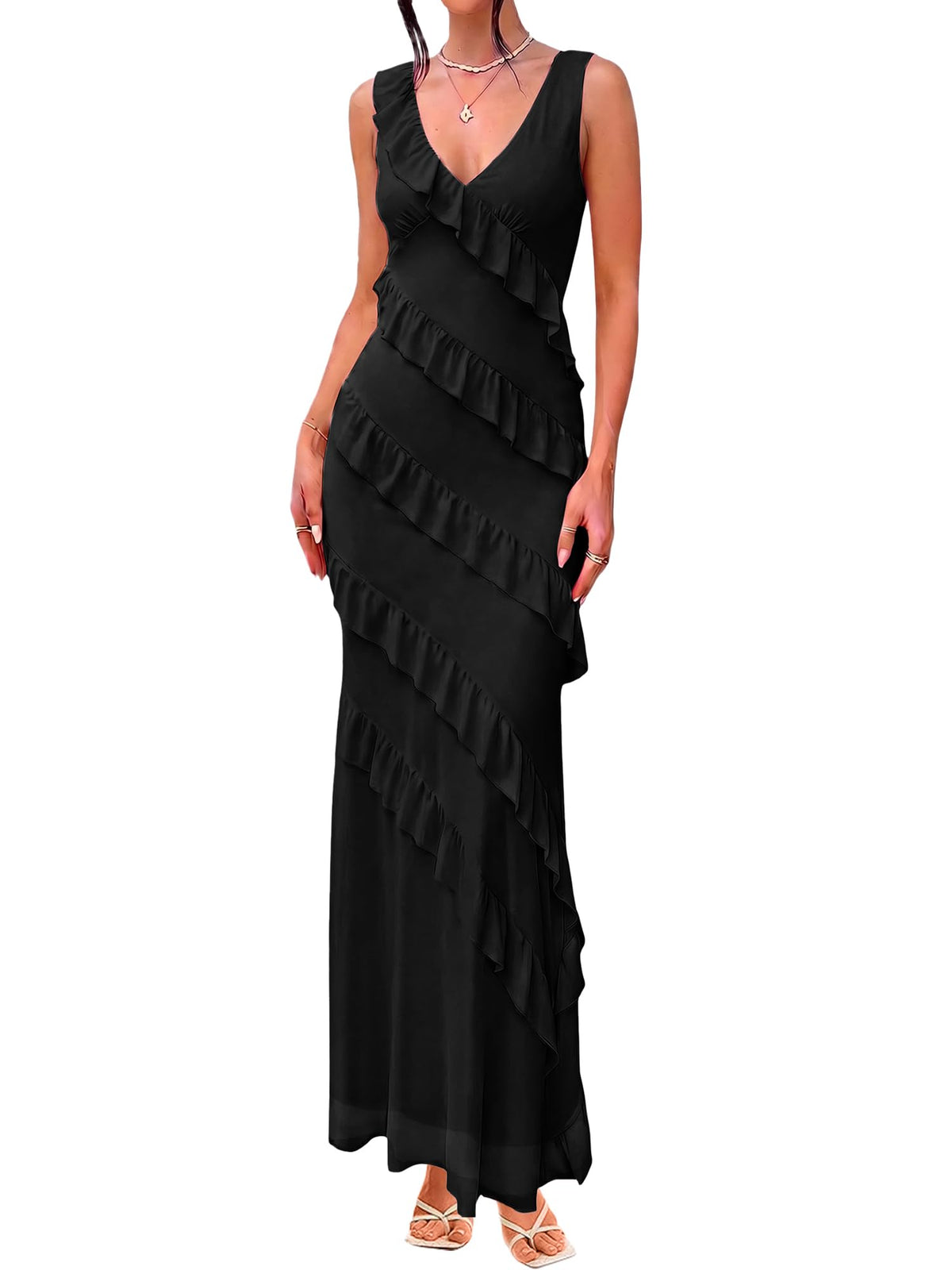 HOCILLE Women's Sexy V Neck Backless Long Cocktail Dress Bodycon Elegant Ruffle Maxi Wedding Guest Party Dresses