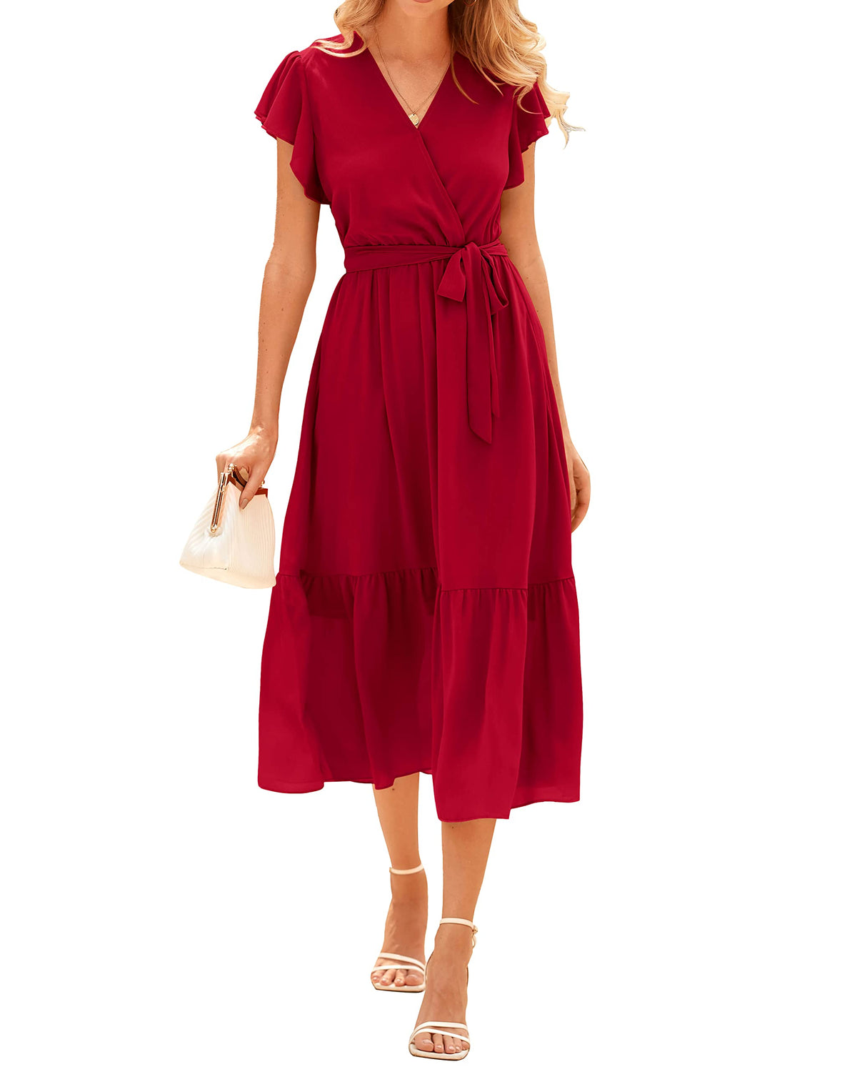 BTFBM Women Summer Casual Wrap V Neck Ruffle Cap Sleeve Belted Midi Dress