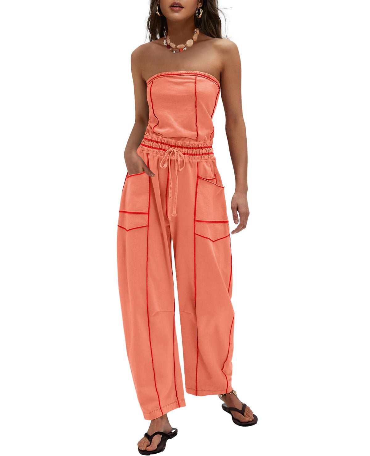 LAMISSCHE Womens Casual Strapless Jumpsuits off the Shoulder Summer Rompers Sleeveless One Piece Outfits with Pockets