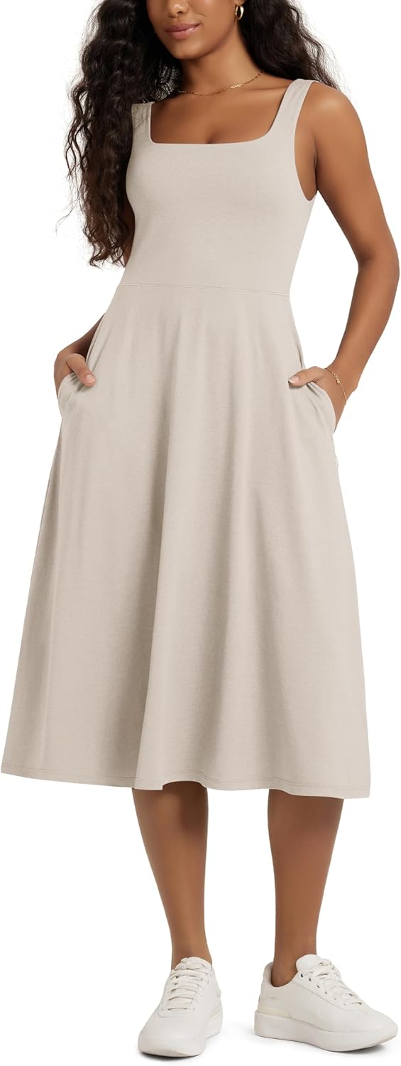 ODODOS Square Neck Midi Dress with Pockets for Women Summer Casual Sleeveless Sundress Flare Tank Dress