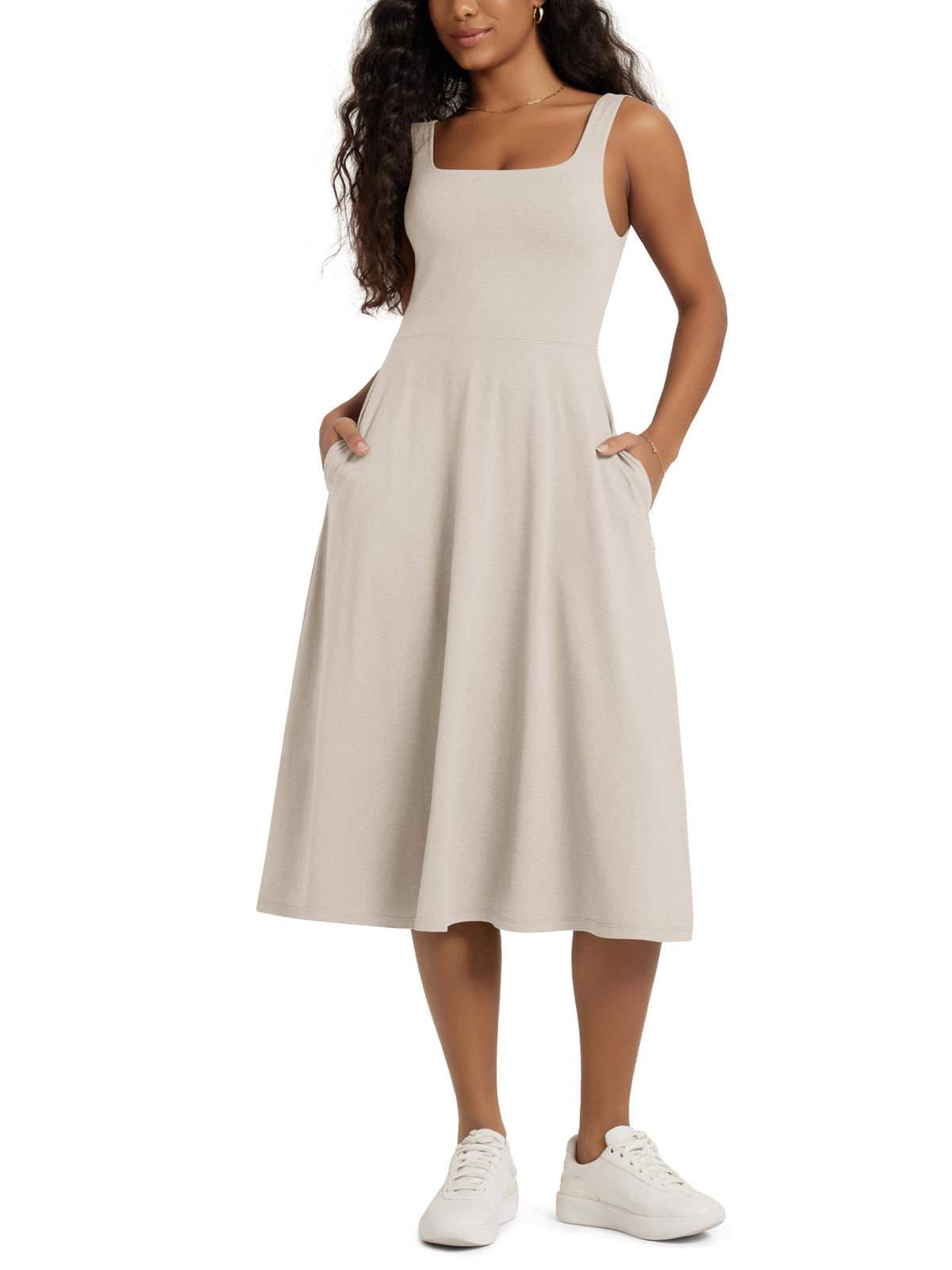 ODODOS Square Neck Midi Dress with Pockets for Women Summer Casual Sleeveless Sundress Flare Tank Dress