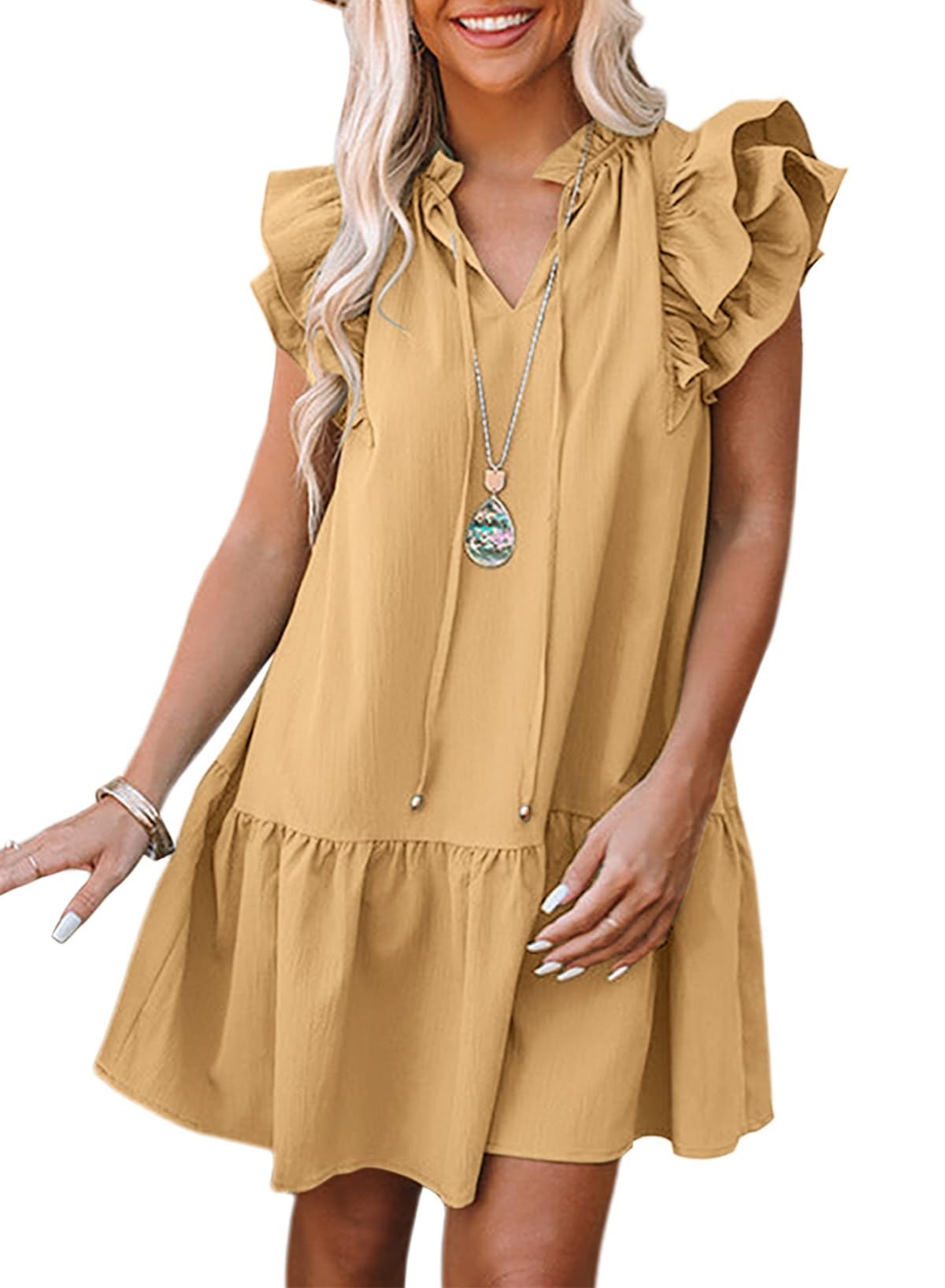 Dokotoo Womens Summer Dresses 2026 V-Neck Drawstring Ruffle Cap Short Sleeve Side Pockets Mini Dress Sundress