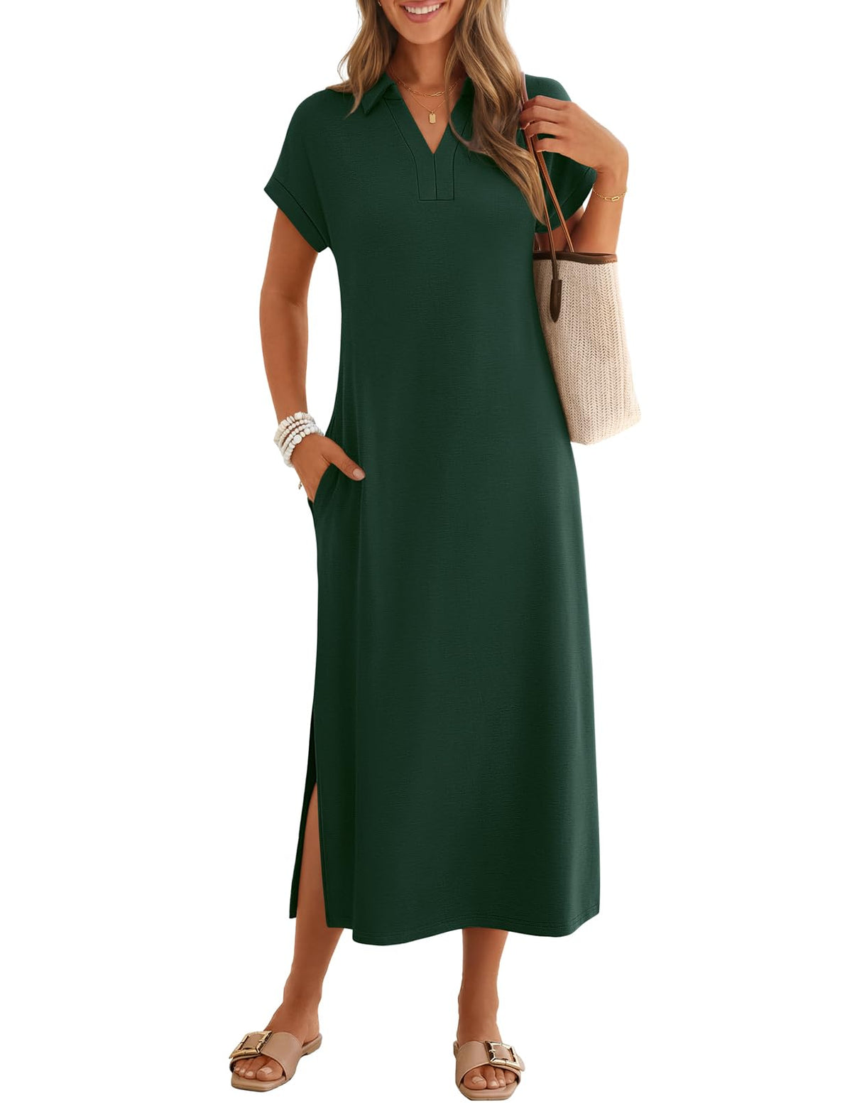 MEROKEETY Women's Summer Casual V Neck Collared T Shirt Long Maxi Dress