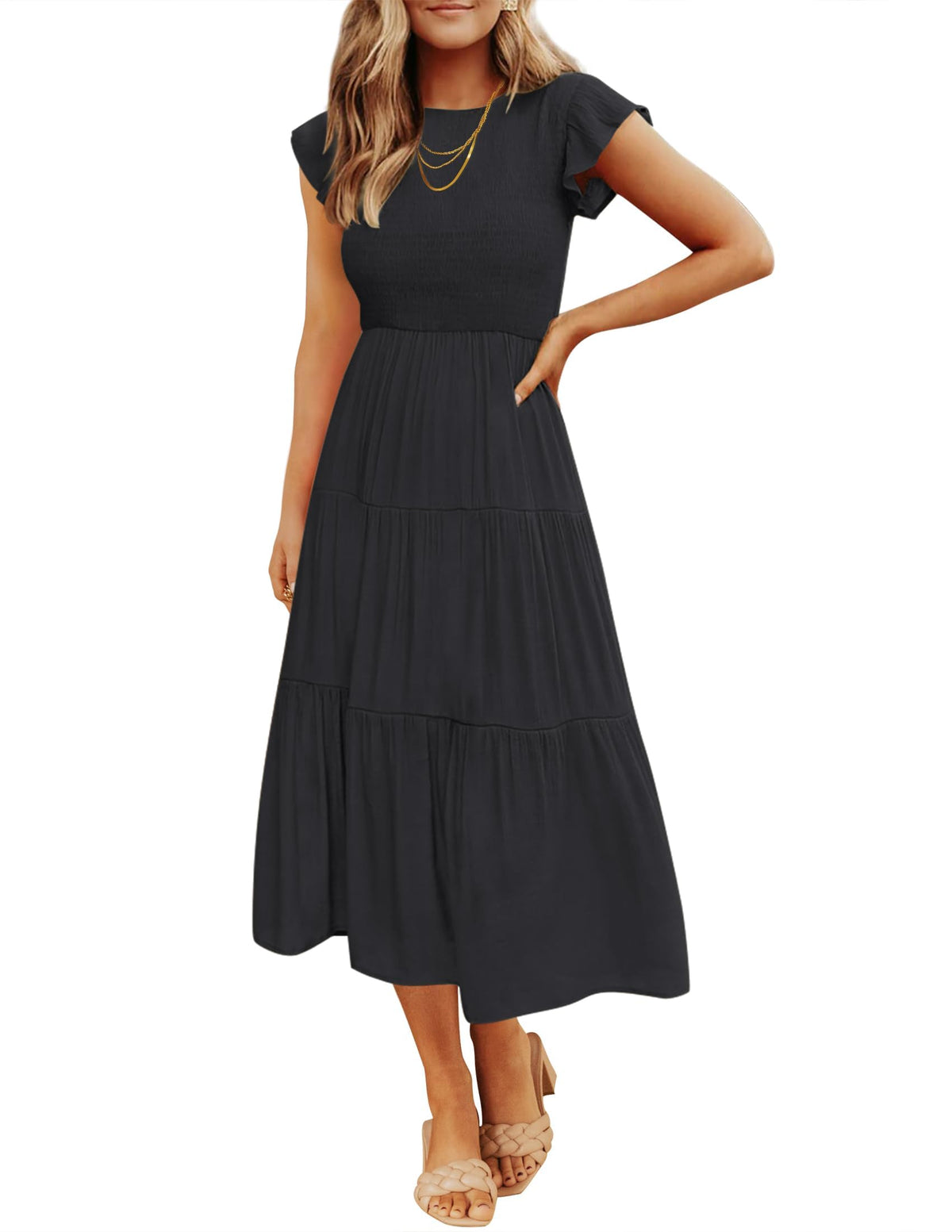 ZESICA Women's 2026 Summer Casual Flutter Short Sleeve Smocked Midi Dress