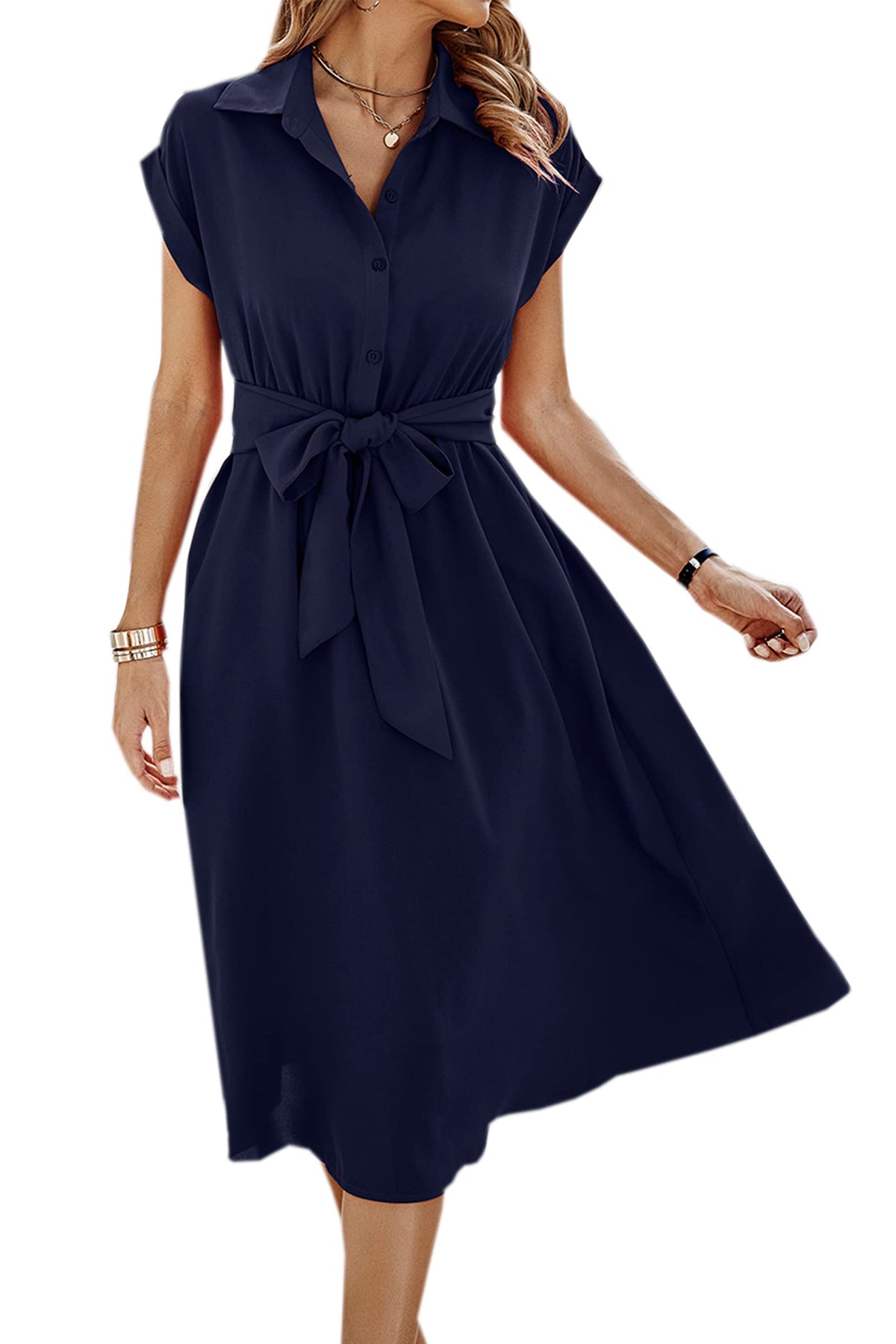 ECOWISH Womens Casual Midi Dresses Solid V Neck Short Sleeve Button Shirt Belted Dress with Pockets for Spring Summer 2026