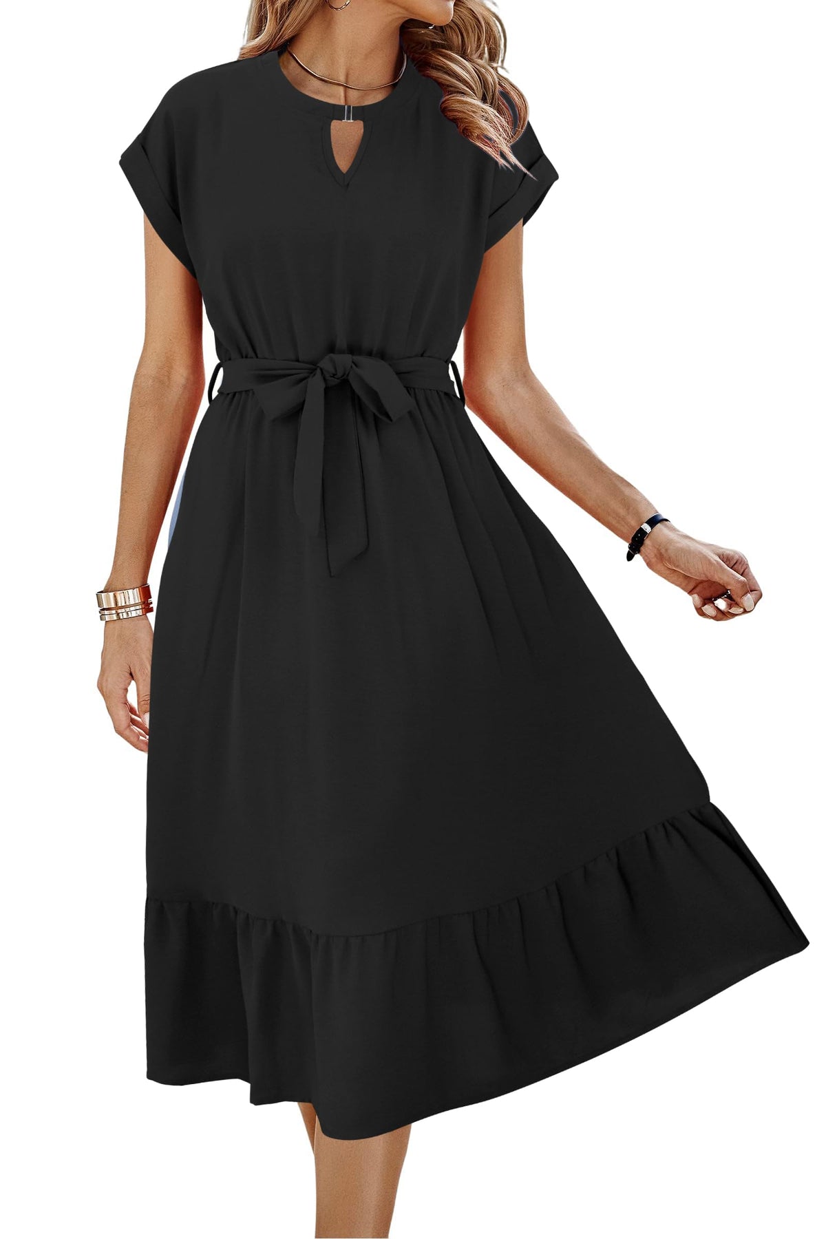 ECOWISH Womens Casual Midi Dresses Solid V Neck Short Sleeve Button Shirt Belted Dress with Pockets for Spring Summer 2026