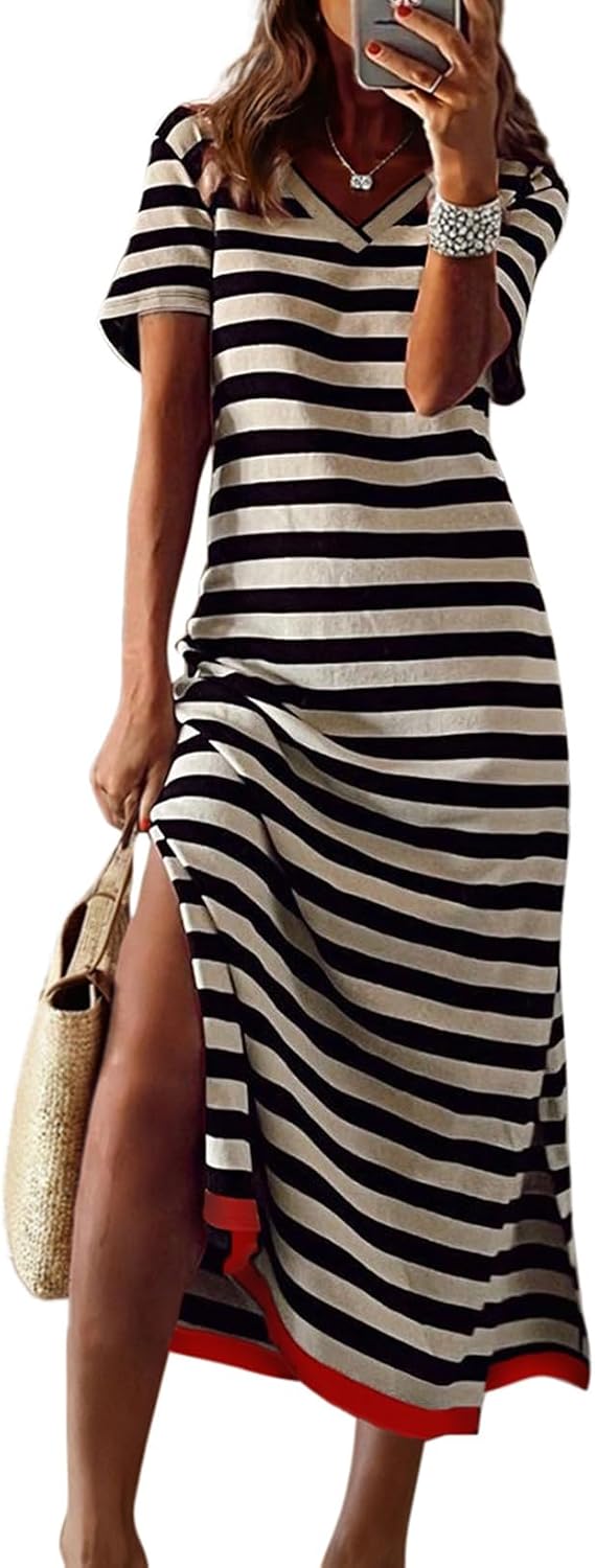Dokotoo Womens 2026 Short Sleeve Maxi Dress Striped Split T Shirt Dress