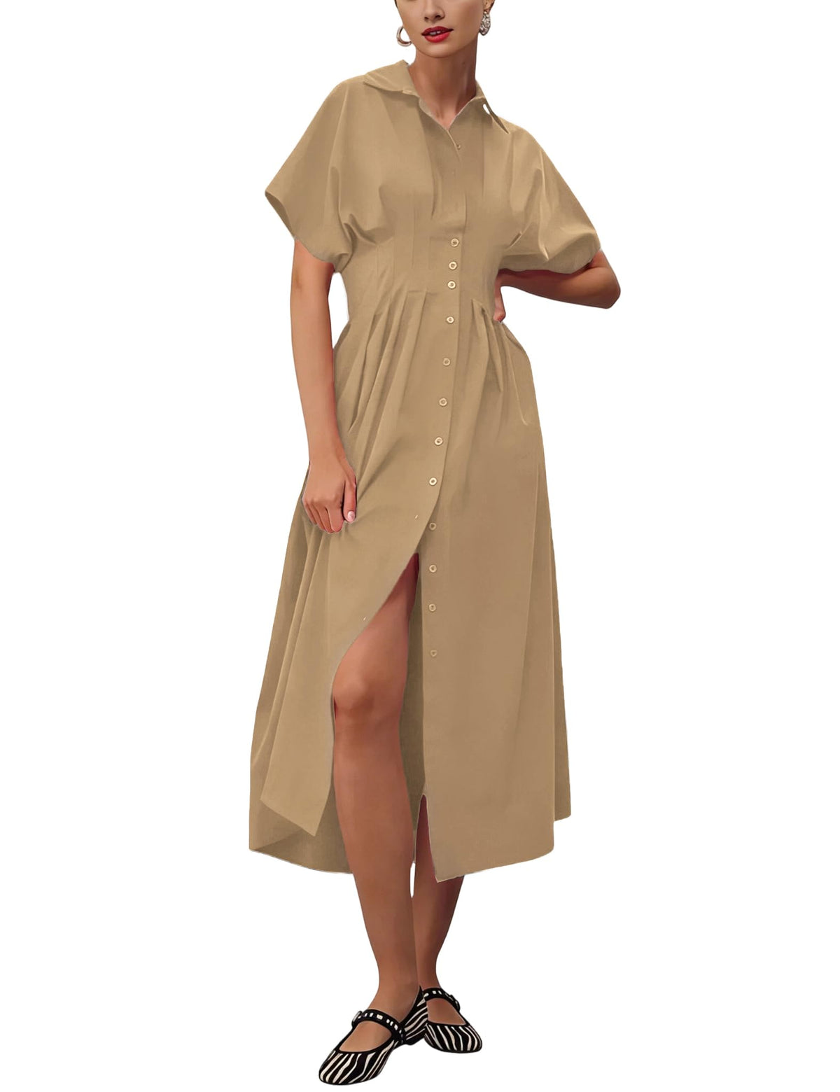 Yeokou Shirt Dress for Women Summer Casual Short Sleeve Button Down Loose Pleated Maxi Sundress with Pockets