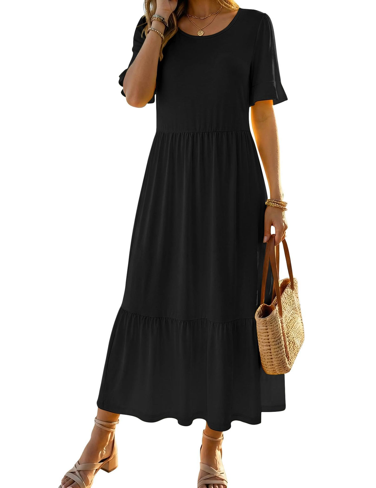 Zeagoo Womens Summer Dresses 2026 Casual Midi Dress Flowy Sundress Ruffle Short Sleeve Tiered Dresses A Line Boho Dress