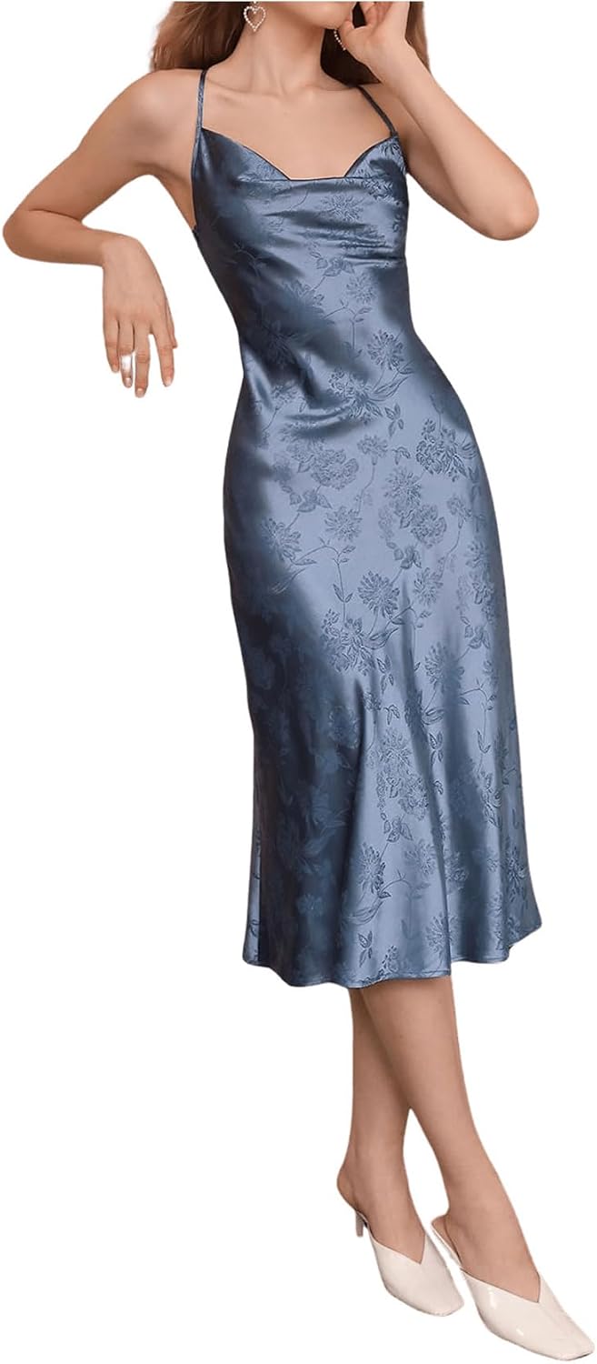Floerns Women's Spaghetti Strap Cowl Neck Long Slip Satin Silk Midi Dress