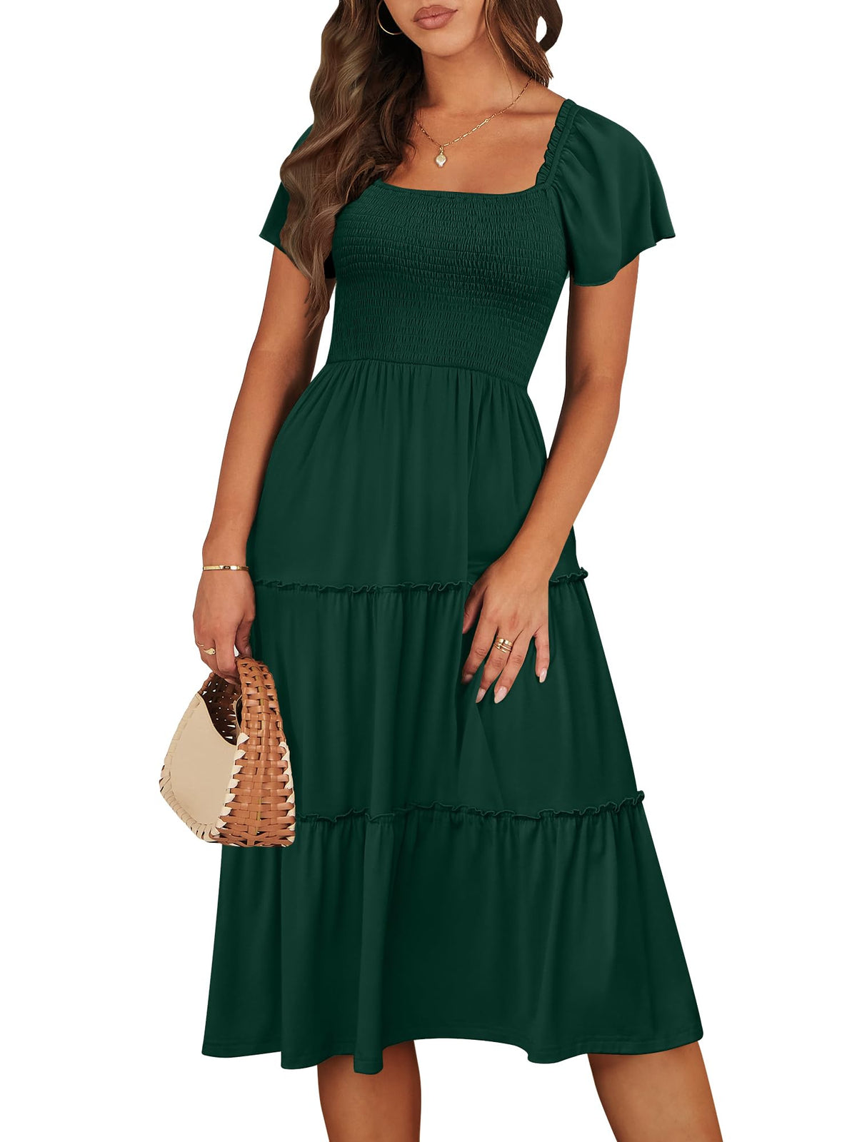 ANRABESS Women Summer Casual Square Neck Flutter Sleeve Boho Smocked A-Line Flowy Tiered Modest Midi Sun Dress with Pockets