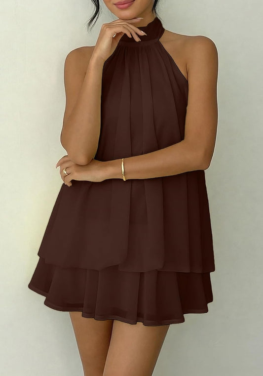 SHINFY Women's Chiffon Halter Flowy Ruffle Backless Birthday Mini Dress