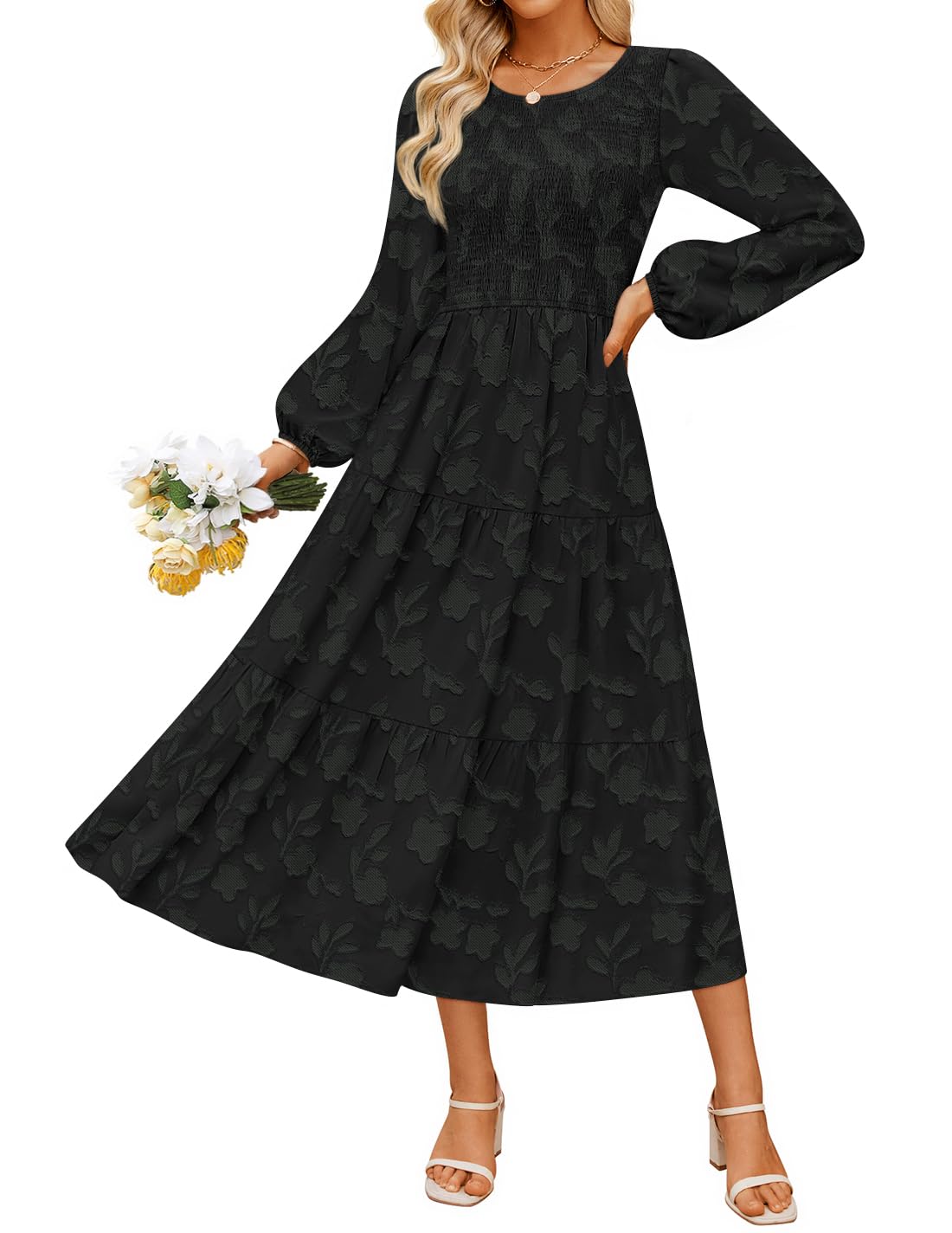 ZESICA Womens Fall Wedding Guest Long Sleeve Boho Midi Dress