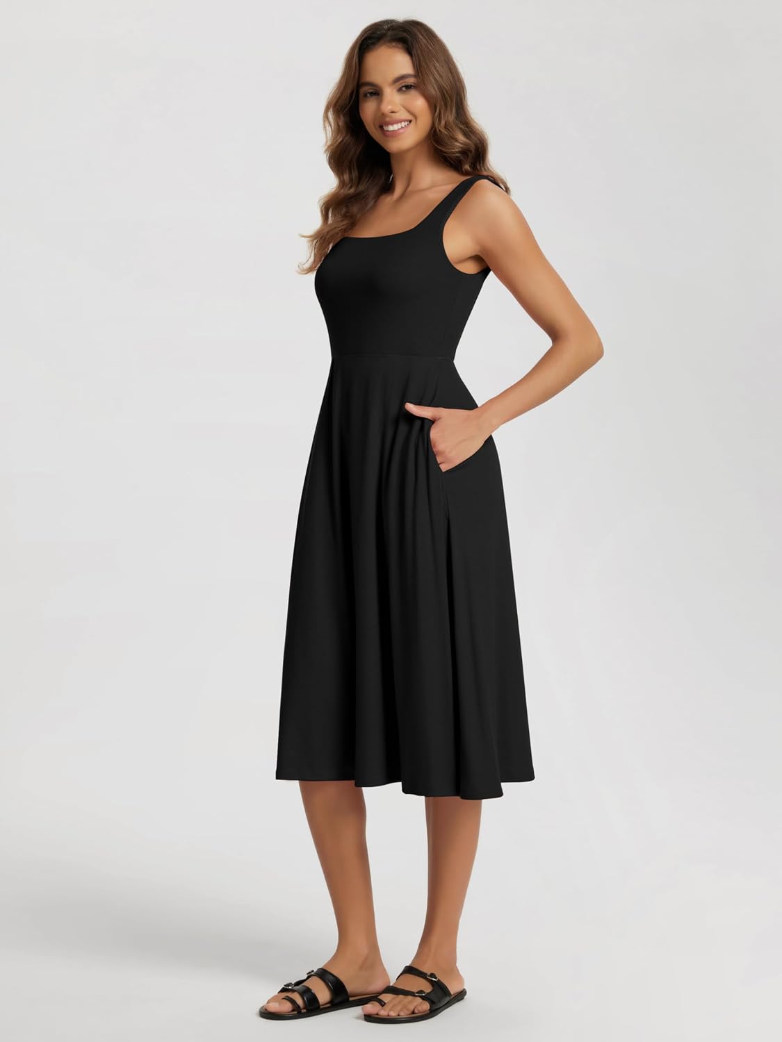 ODODOS Square Neck Midi Dress with Pockets for Women Summer Casual Sleeveless Sundress Flare Tank Dress