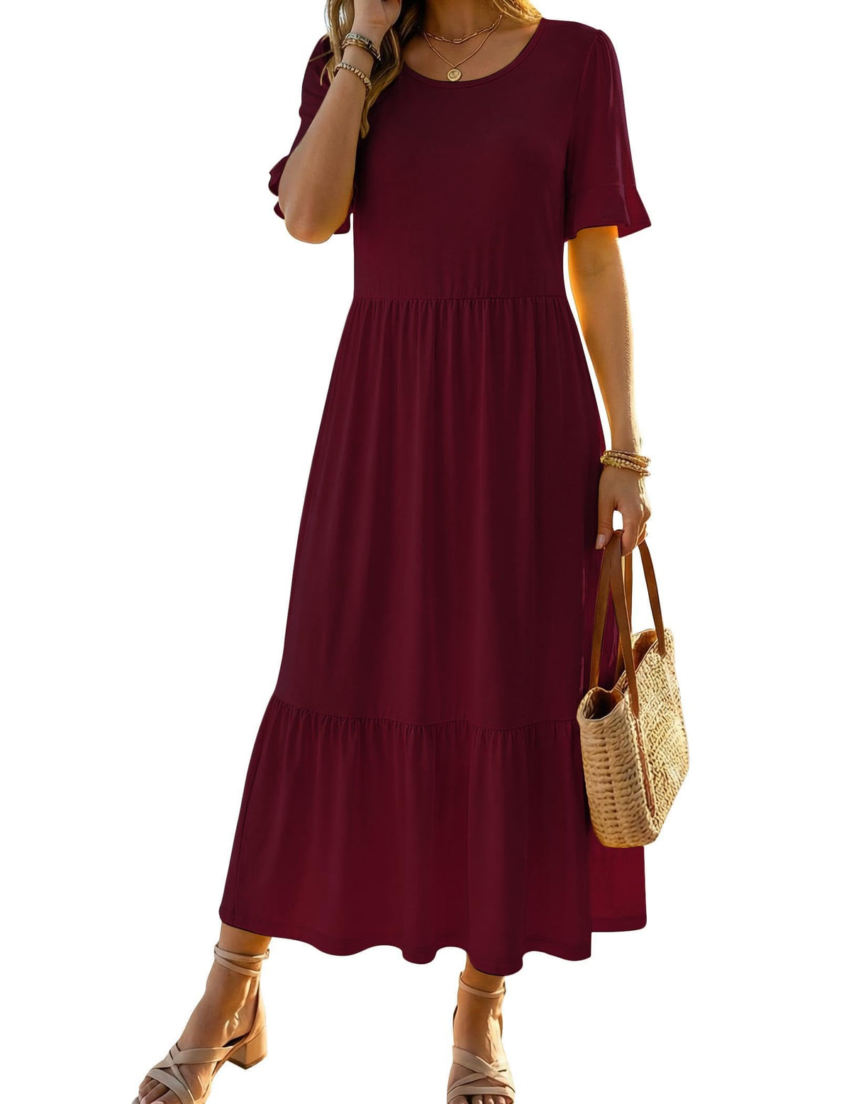 Zeagoo Womens Summer Dresses 2026 Casual Midi Dress Flowy Sundress Ruffle Short Sleeve Tiered Dresses A Line Boho Dress