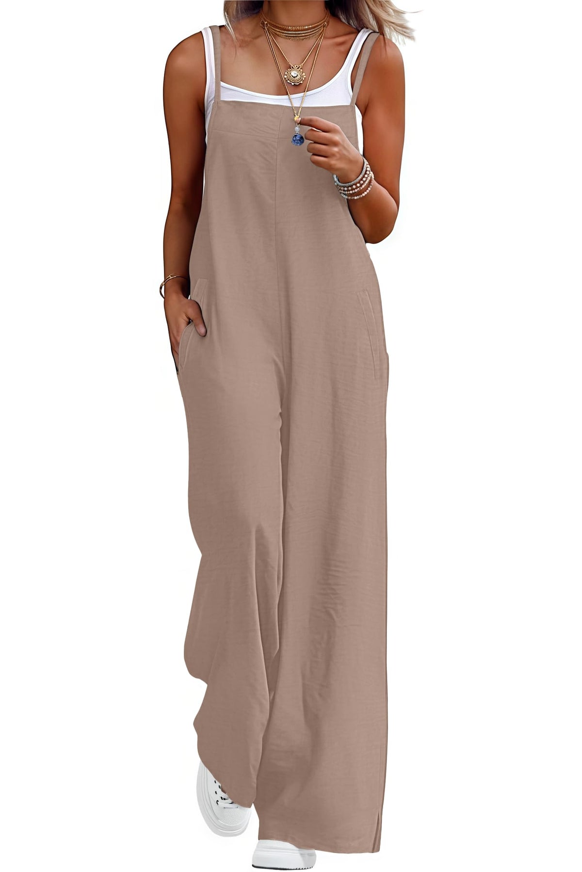 Lepunuo Womens Casual Loose Jumpsuits Summer Boho Wide Leg Rompers Sleeveless Overalls with Pockets