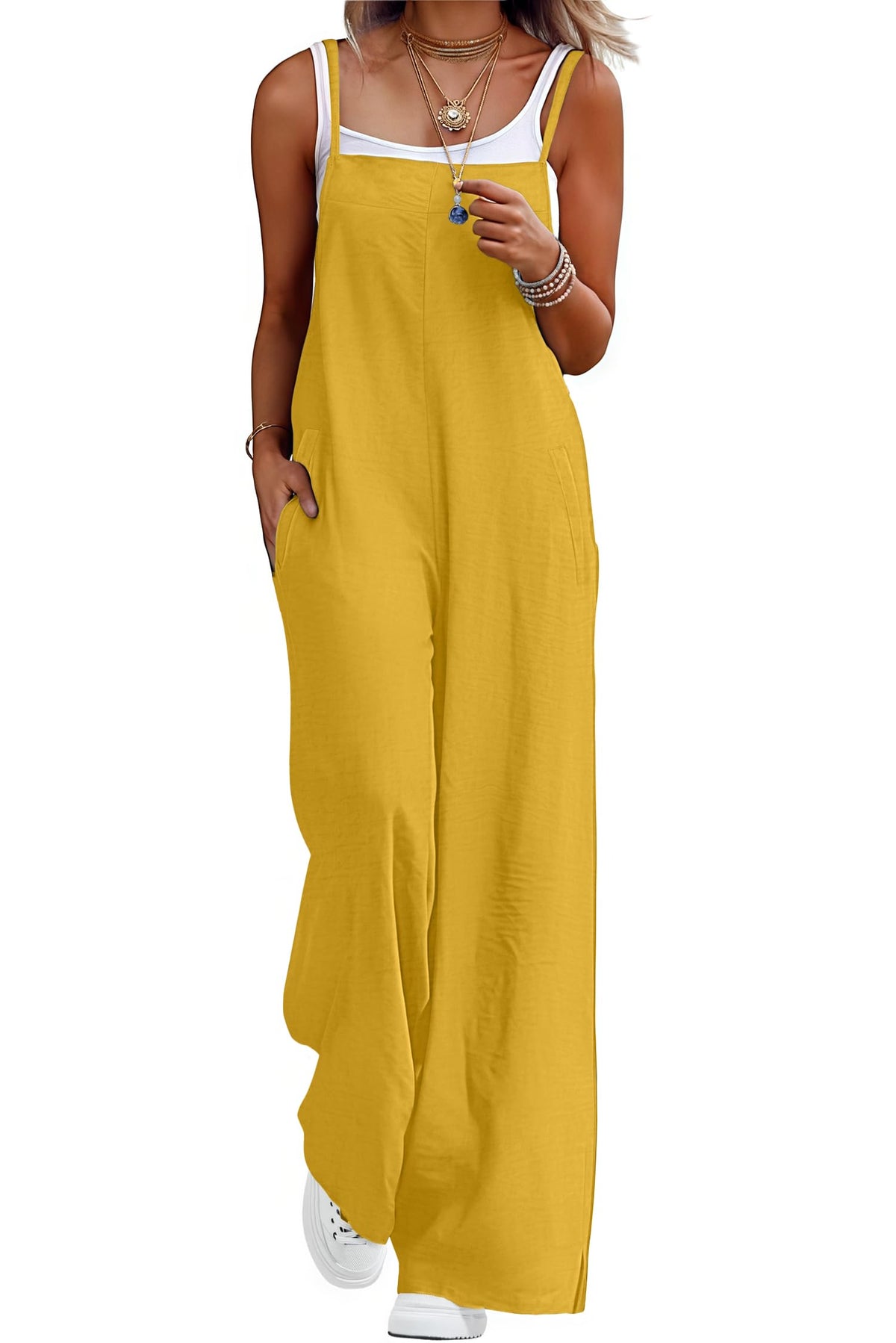 Lepunuo Womens Casual Loose Jumpsuits Summer Boho Wide Leg Rompers Sleeveless Overalls with Pockets