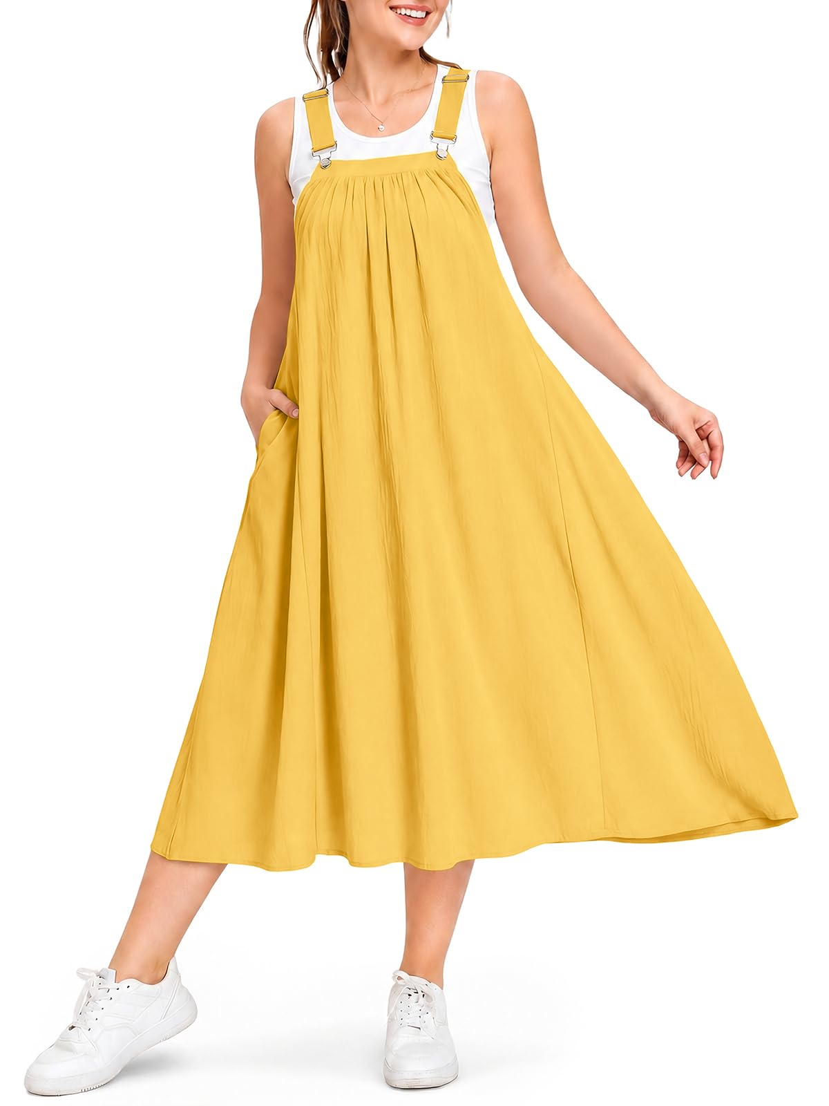 Moon Wood Cotton Overall Dress for Women Jumper Dress with Pockets Summer Casual Midi Dress