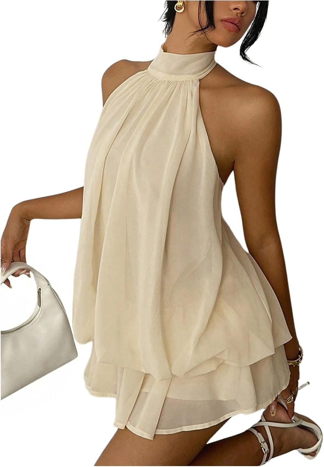 Verdusa Women's Chiffon Halter Drop Waist Flowy Wedding Guest Mini Dresses