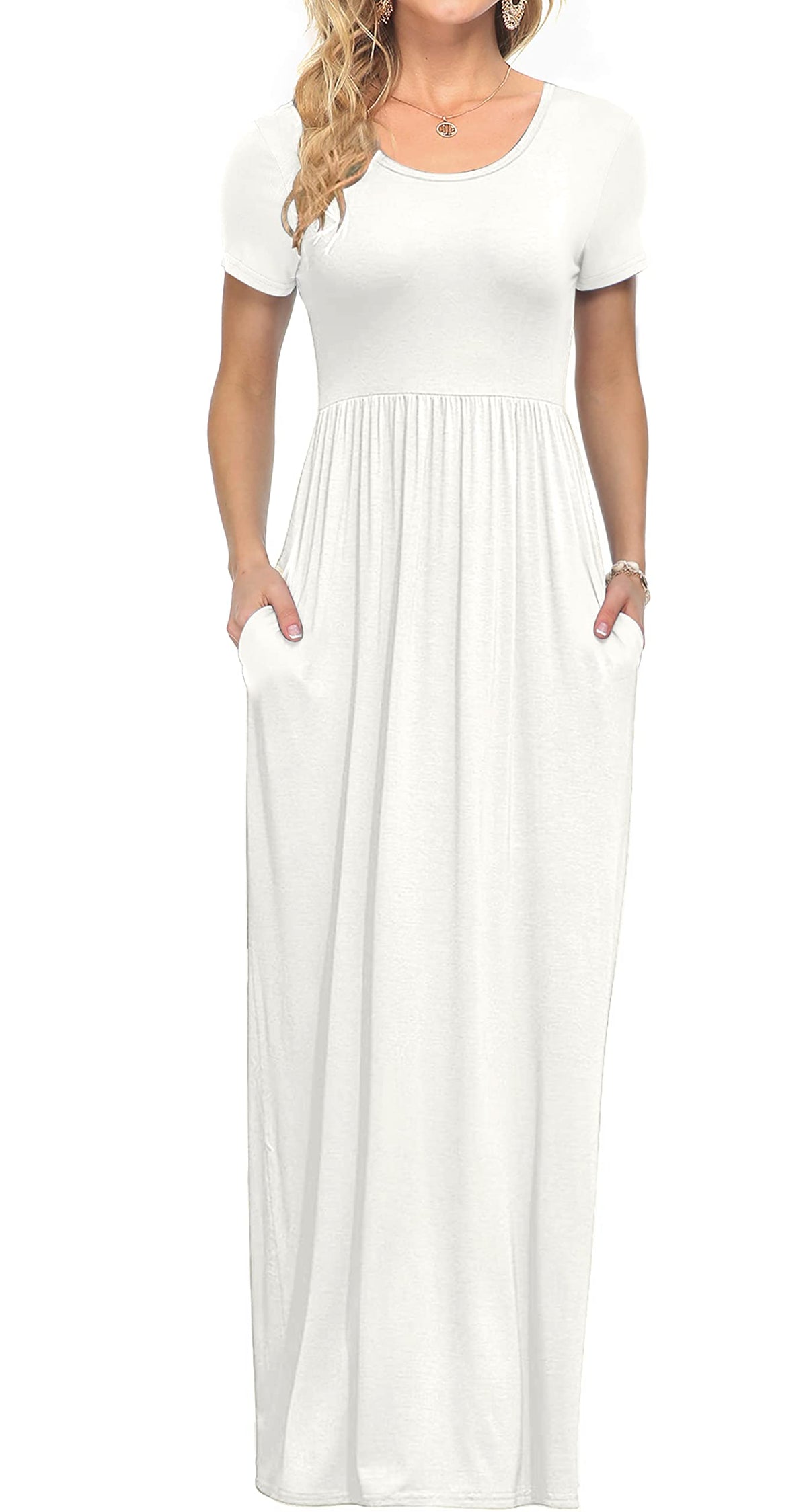 AUSELILY Women's Summer Short Sleeve Loose Plain Casual Long Maxi Dresses