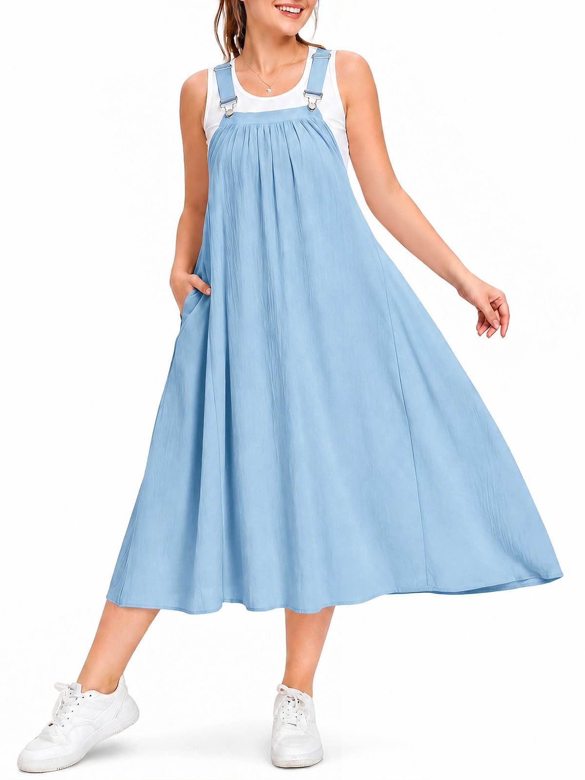 Moon Wood Cotton Overall Dress for Women Jumper Dress with Pockets Summer Casual Midi Dress