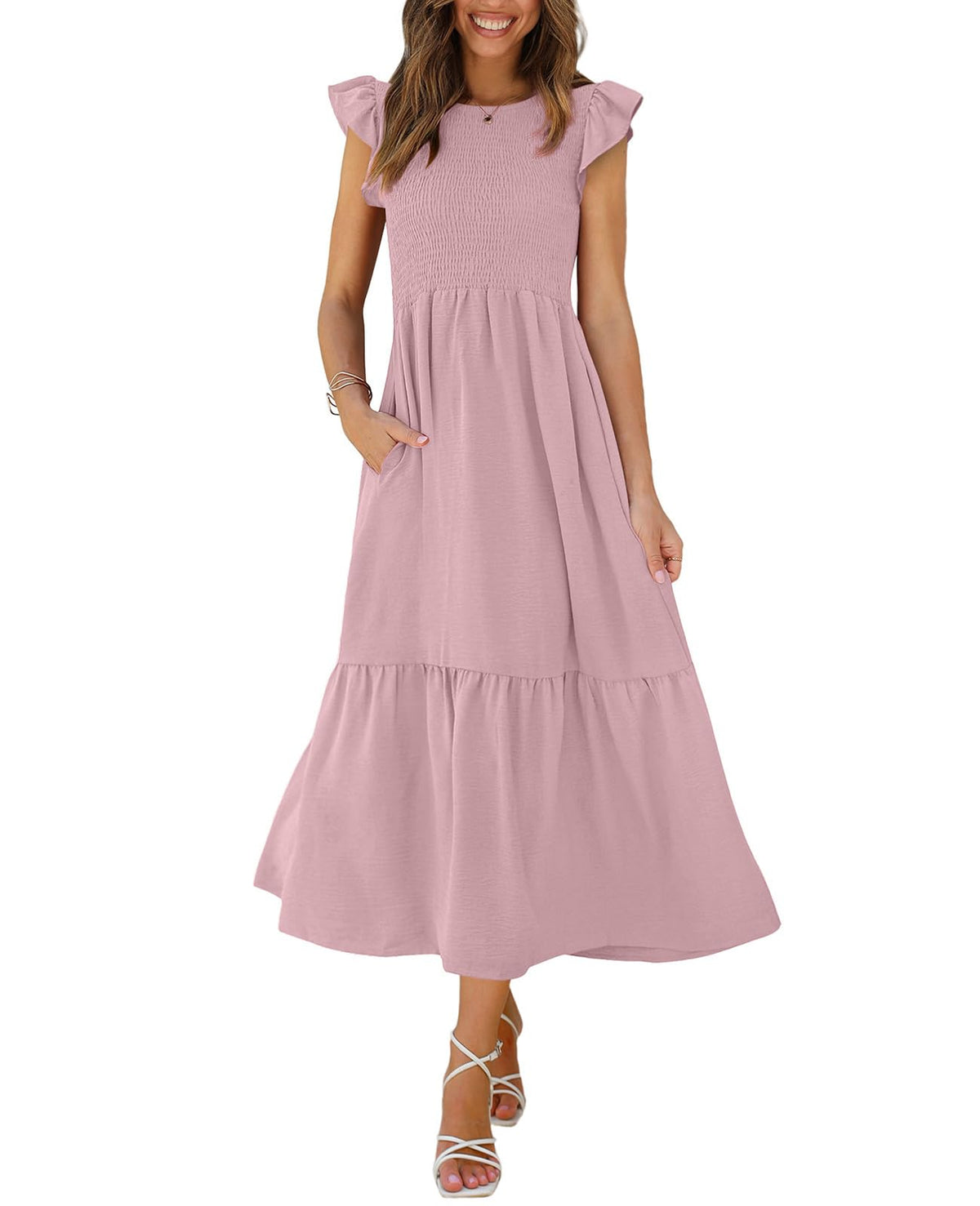 OFEEFAN Women's Casual Maxi Dresses with Pockets Ruffle Sleeve Smocked Dress XS-2XL