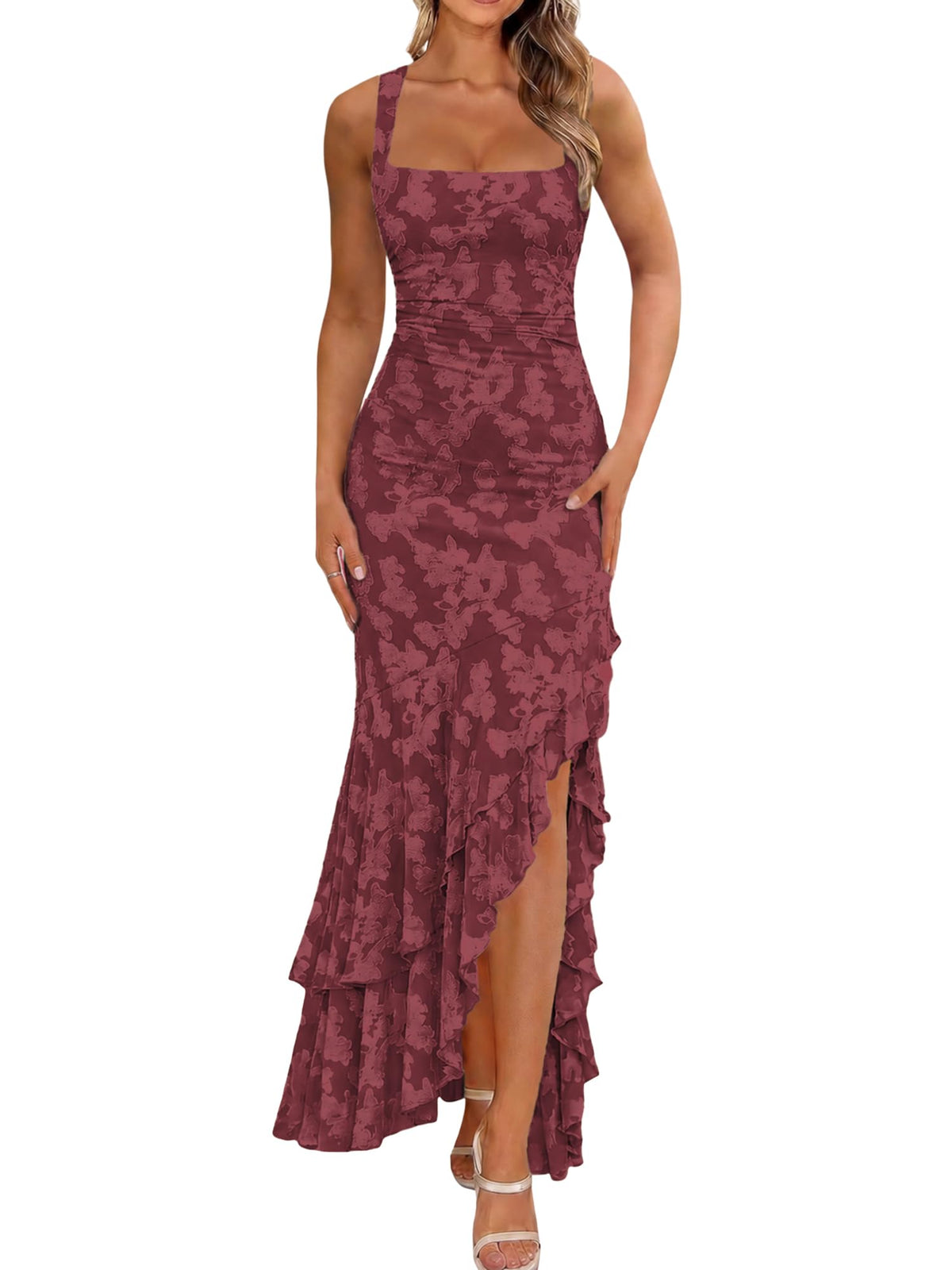 BORIFLORS Women's Elegant Ruched Floral Maxi Wedding Guest Dress