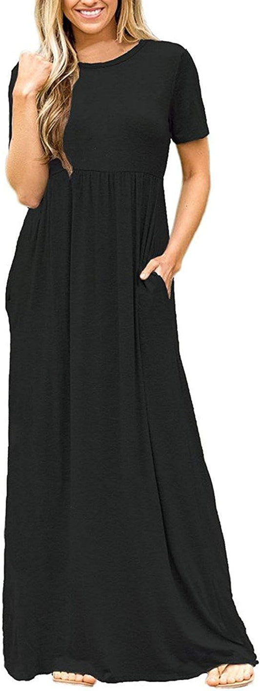 DEARCASE Maxi Dress for Women Short Sleeve Casual Summer Loose Plain Comfy Long Dresses with Pockets