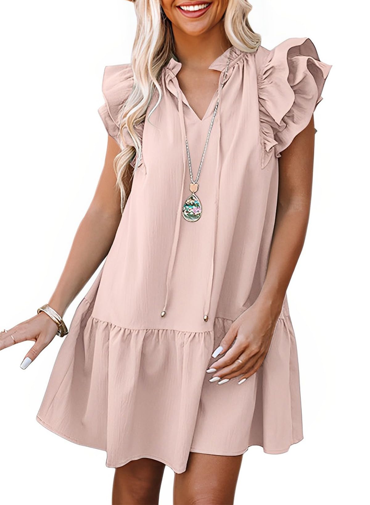 Dokotoo Womens Summer Dresses 2026 V-Neck Drawstring Ruffle Cap Short Sleeve Side Pockets Mini Dress Sundress