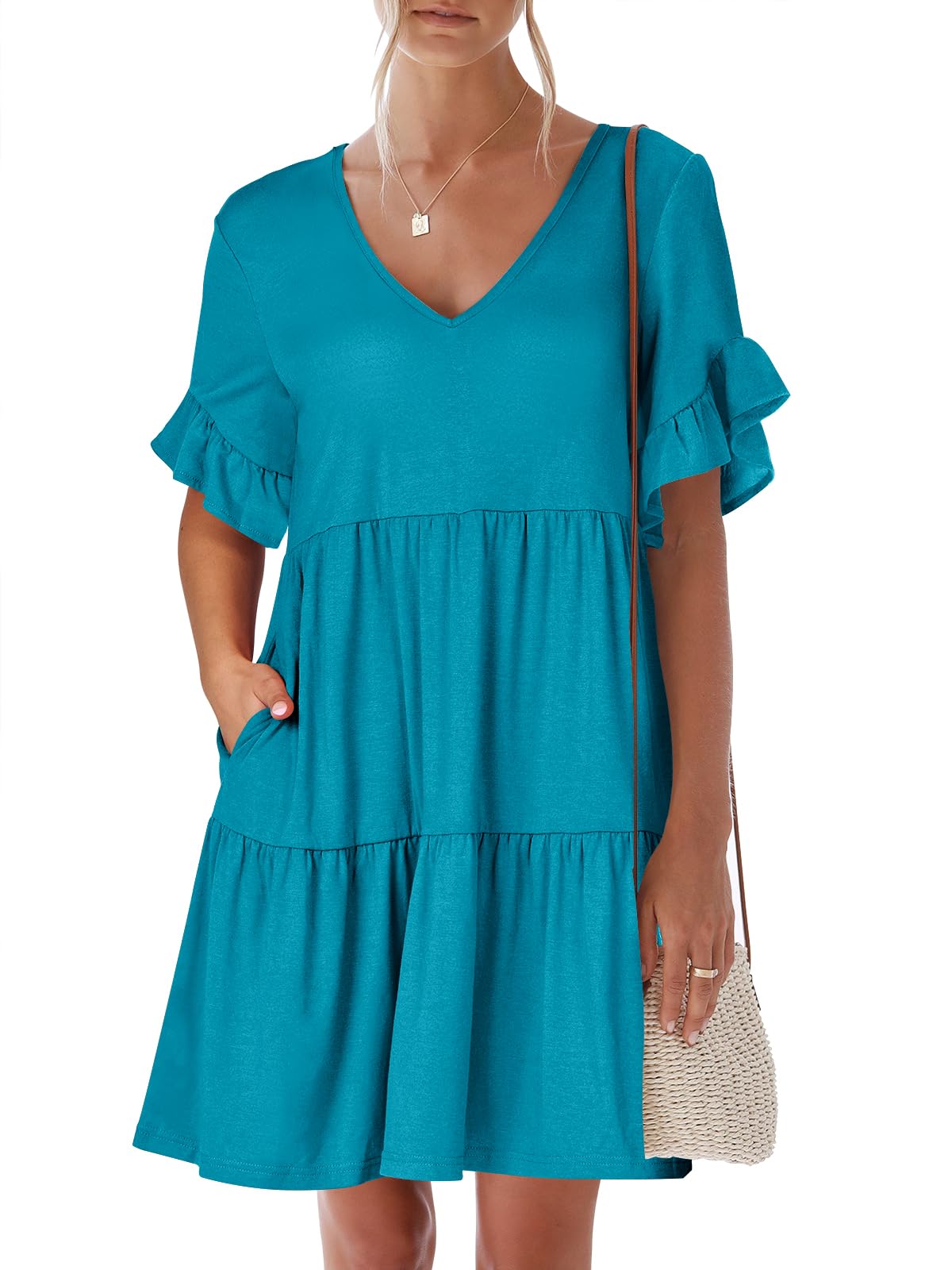 ANRABESS Dresses for Women Summer 2026 V Neck Ruffle Sleeve A Line Tiered Flowy Casual Trendy Mini Beach Dress with Pockets