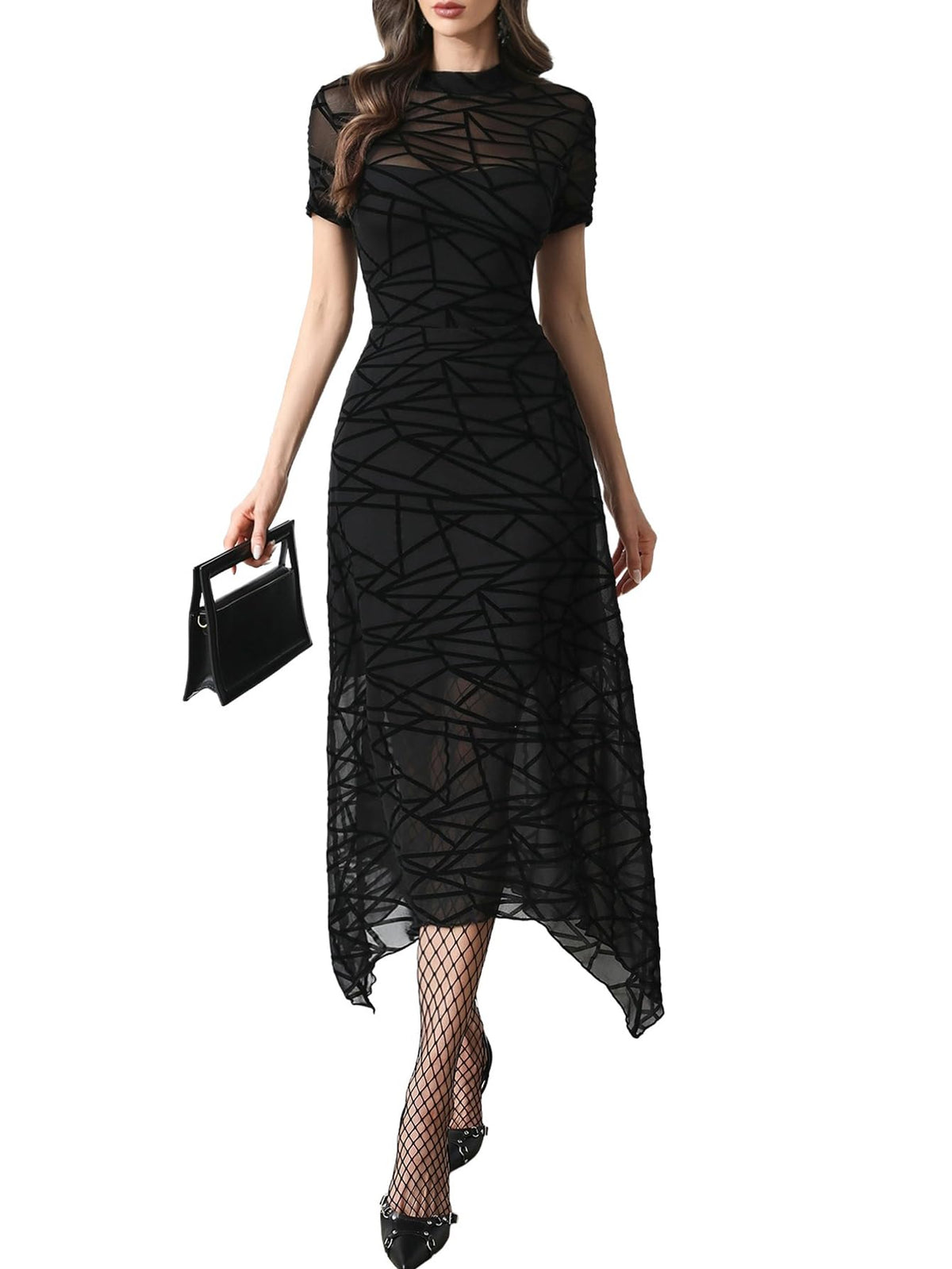 GothDark Women Summer Wedding Guest Floral Mesh Irregular Hem Midi Dress