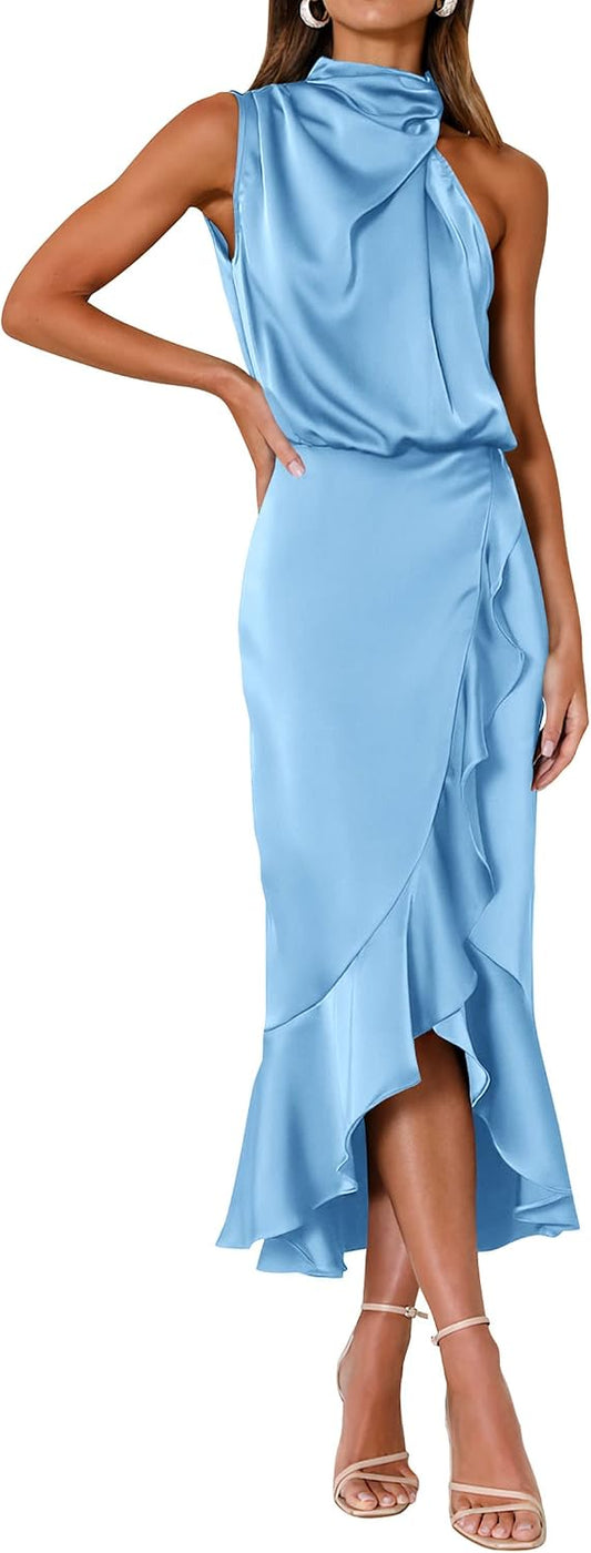KIRUNDO Women's Summer Satin Mock Neck Wedding Guest Dress