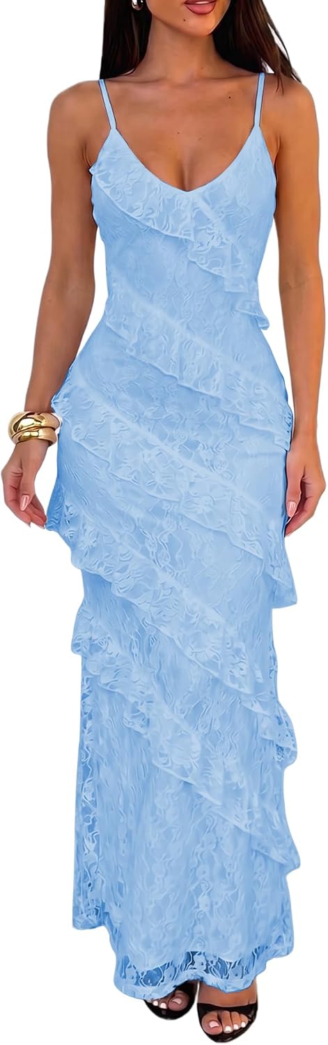 HOCILLE Women's Sexy V Neck Floral Wedding Guest Cocktail Maxi Dress