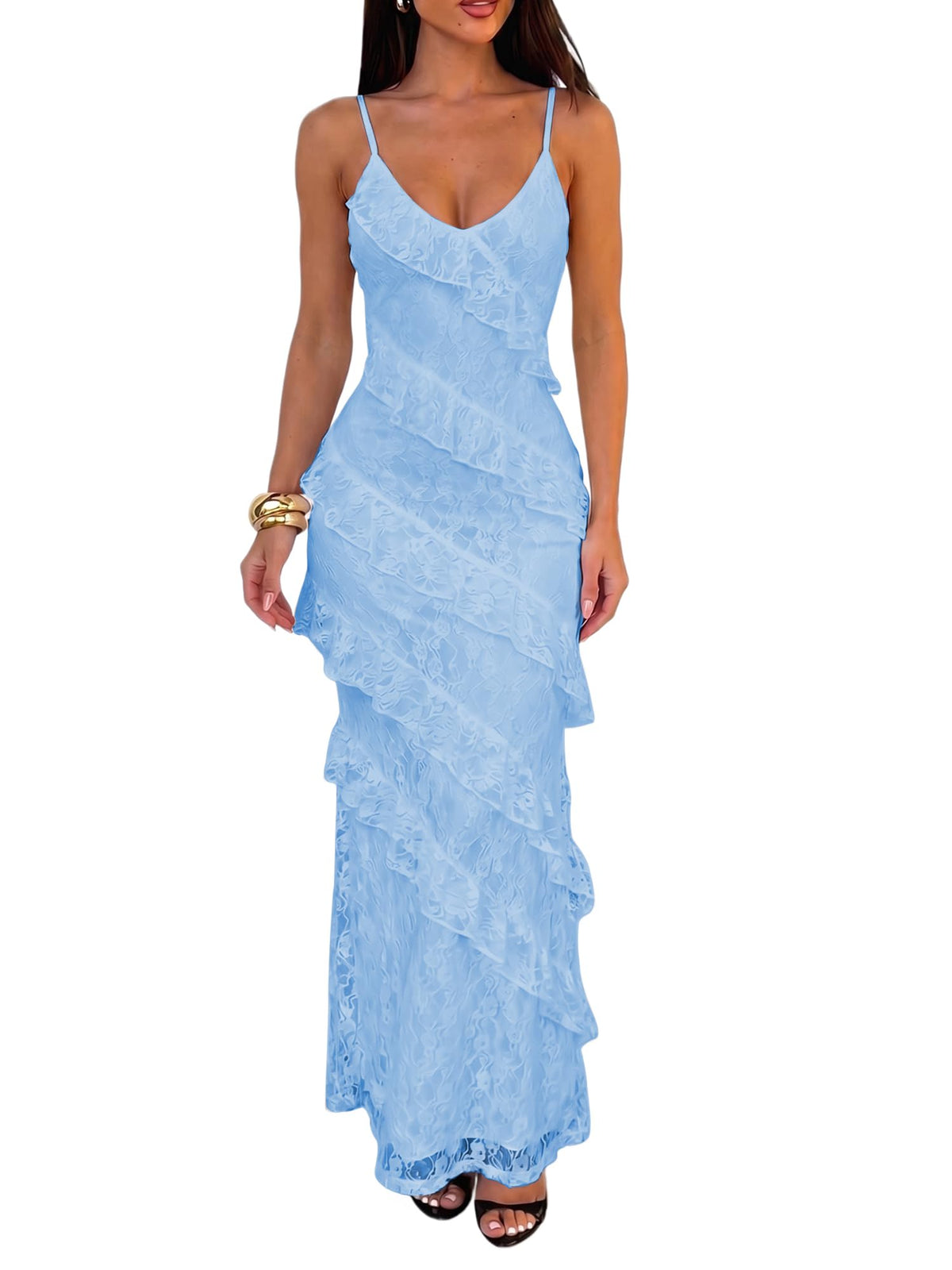 HOCILLE Women's Sexy V Neck Floral Wedding Guest Cocktail Maxi Dress