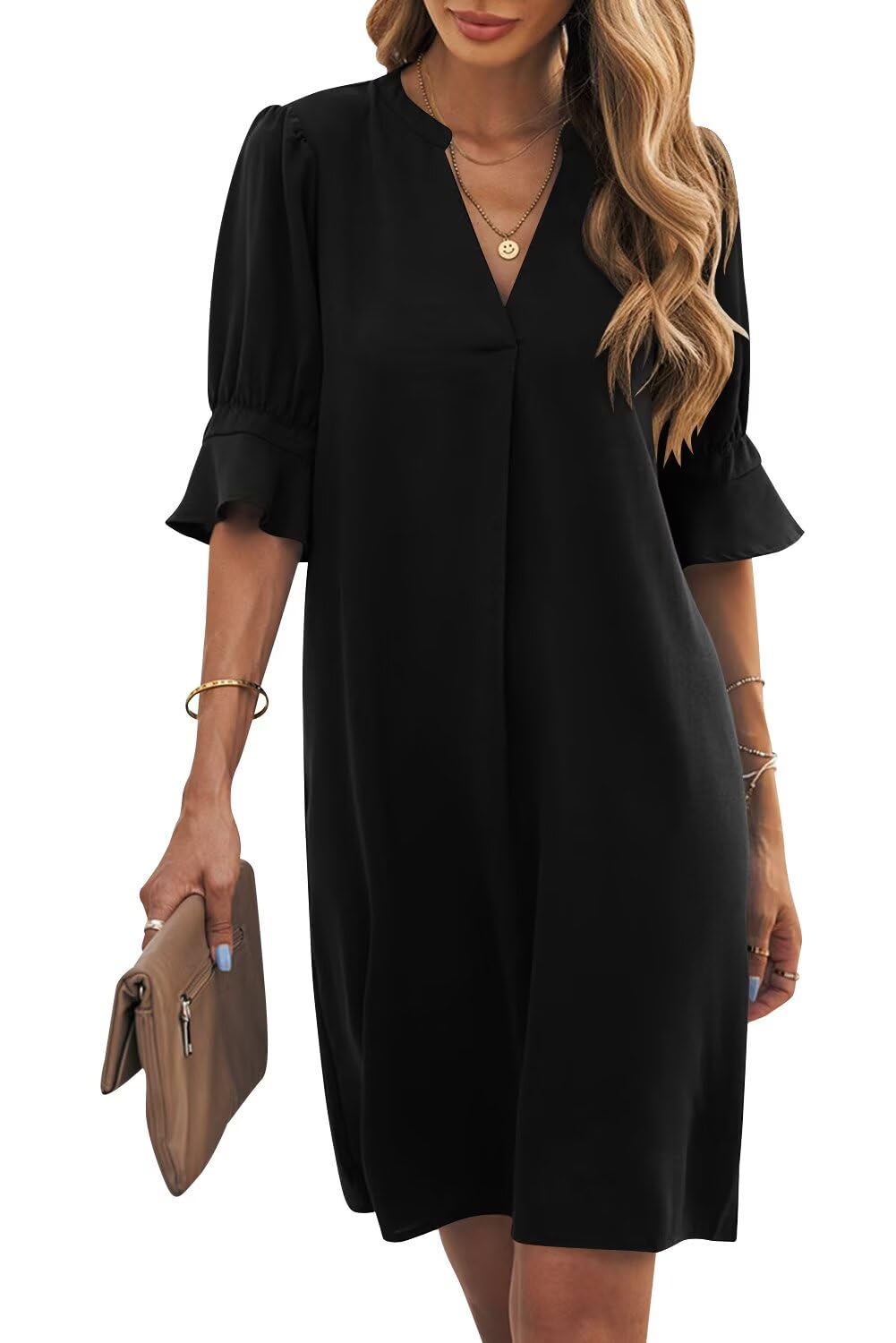 Wkior Womens Summer Ruffle Short Sleeve V Neck Shift Dress