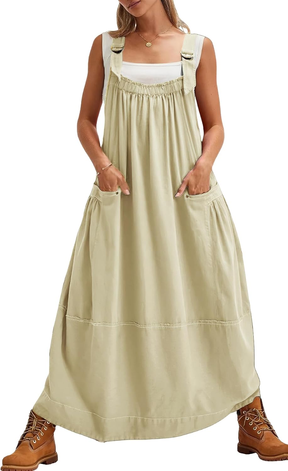 chouyatou Women's Cargo Overall Dress Sleeveless Adjustable Strap Safari Maxi Jumper Dress with Pockets