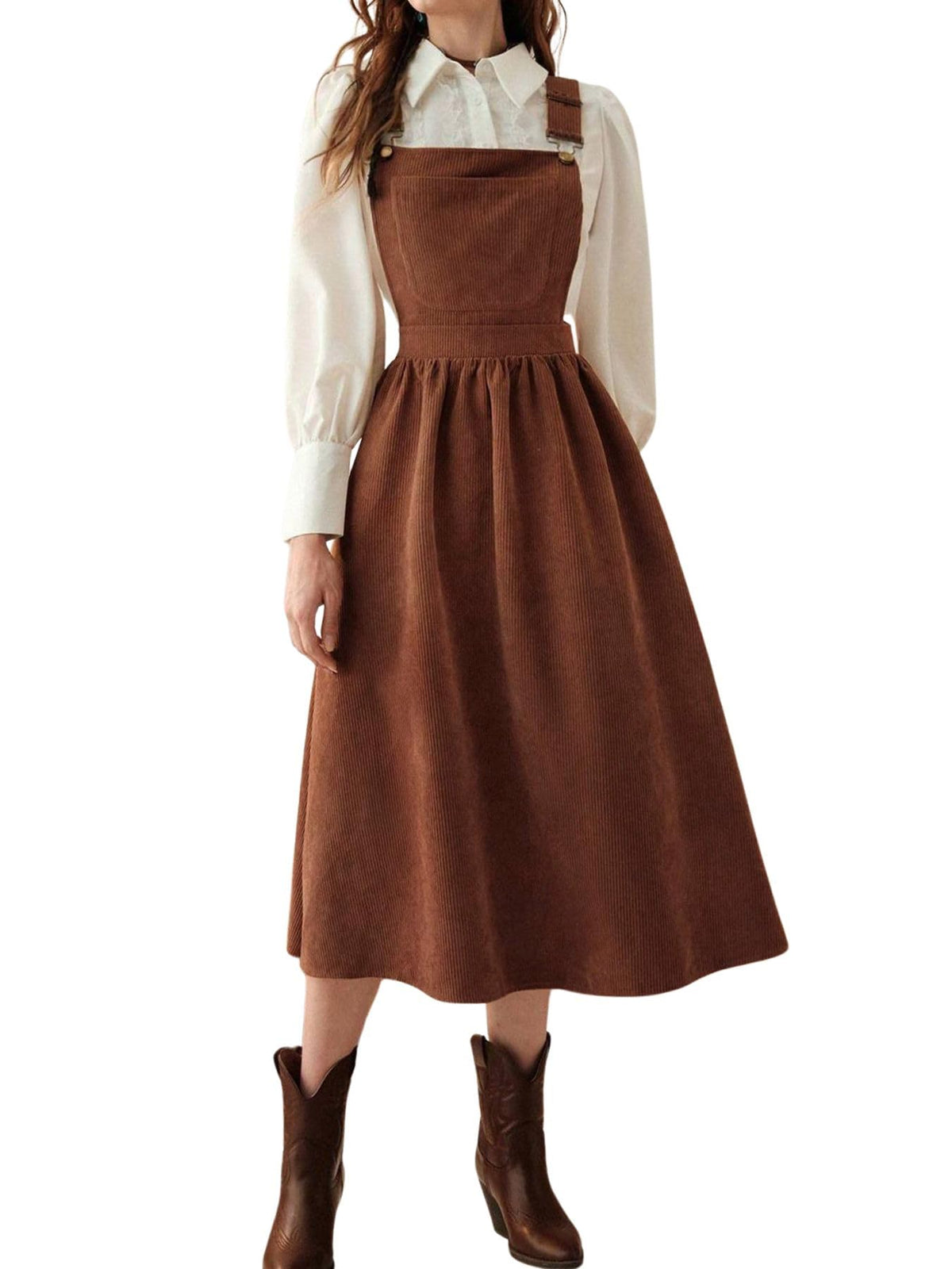chouyatou Women's Fall Corduroy Overall Dress Adjustable Strap A Line Flare Pinafore Midi Jumper Dress